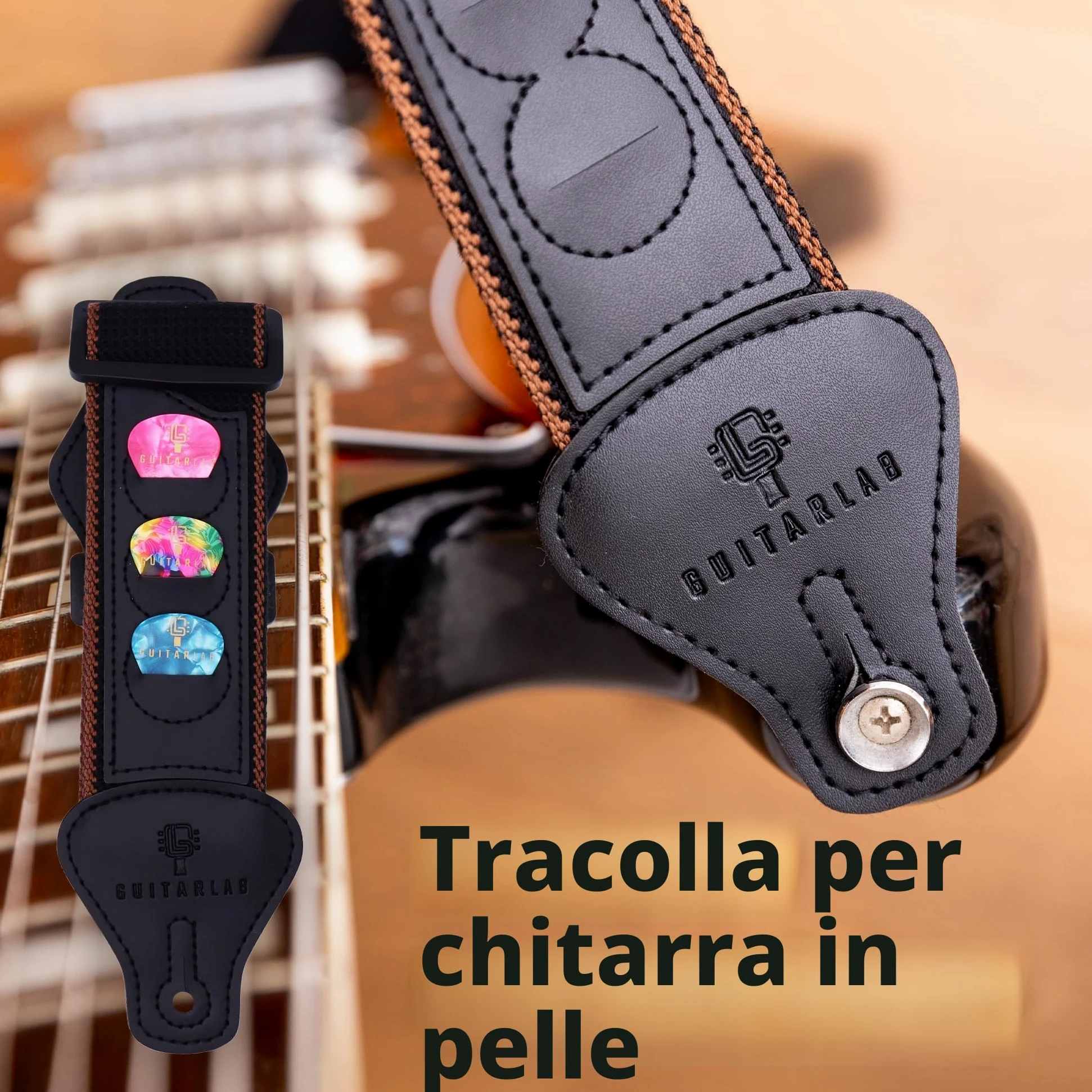 Guitar Lab Kit di accessori per chitarra – Scatola in metallo di alta qualità con cinghia per chitarra, capotasto e sintonizzatore per chitarra elettronica a clip, plettri acustici, bassi