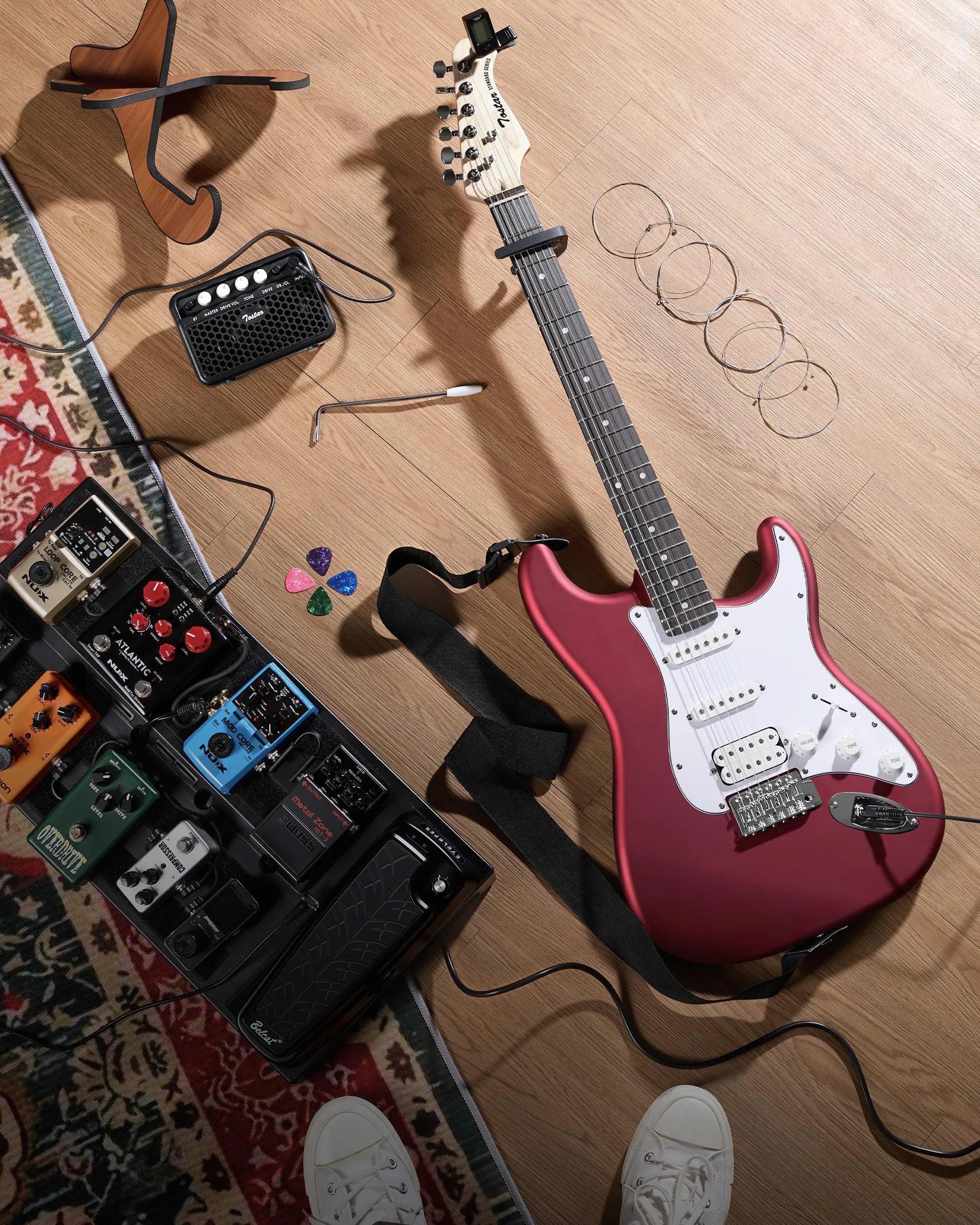 Tostar Kit per chitarra elettrica con amplificatore HSS pickup per principianti chitarra elettrica con custodia da concerto, capotasto, tremolo, cinghia, plettri ST Style 99,1 cm, chitarre elettriche
