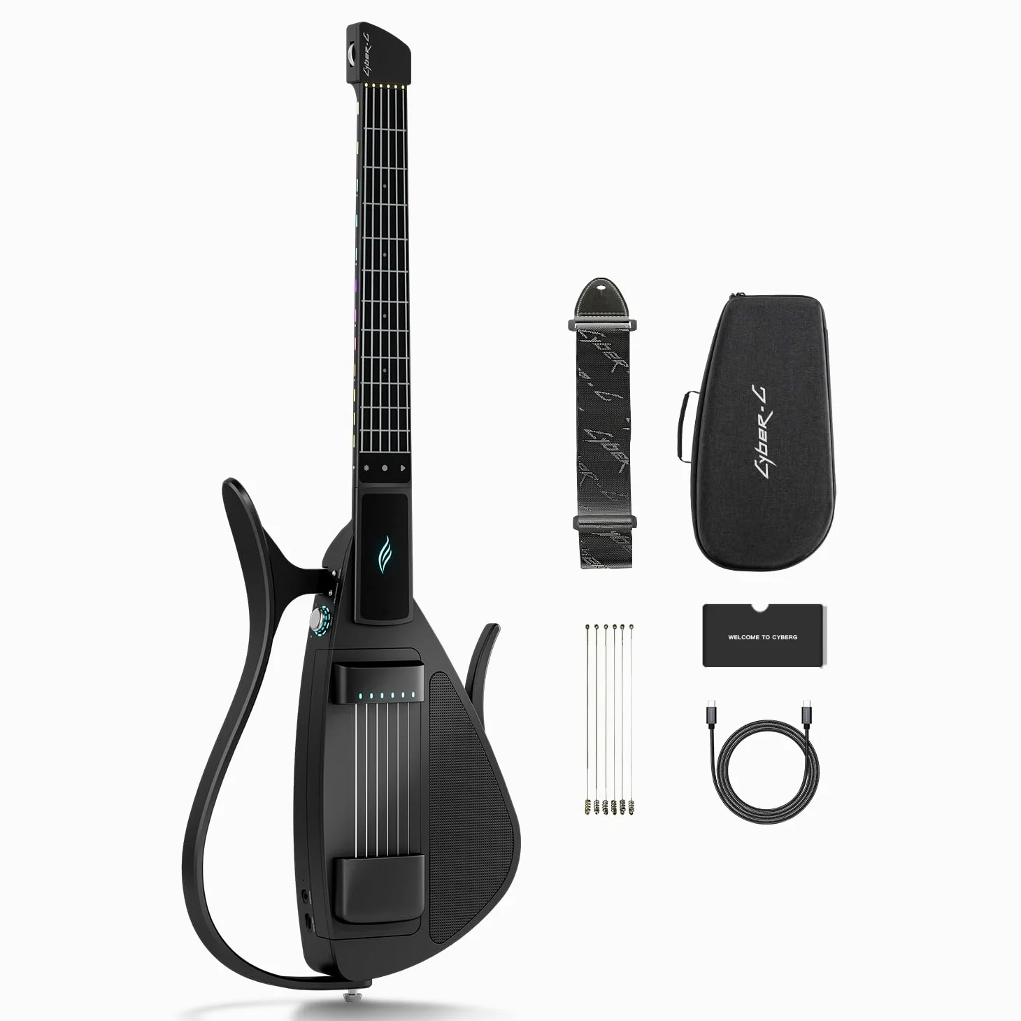 Enya CYBER-G Chitarra Smart – con corde in silicone, 24 suoni integrati, chitarra da viaggio silenziosa nera con altoparlante, drum system, app e accordi interattivi per adulti o adolescenti