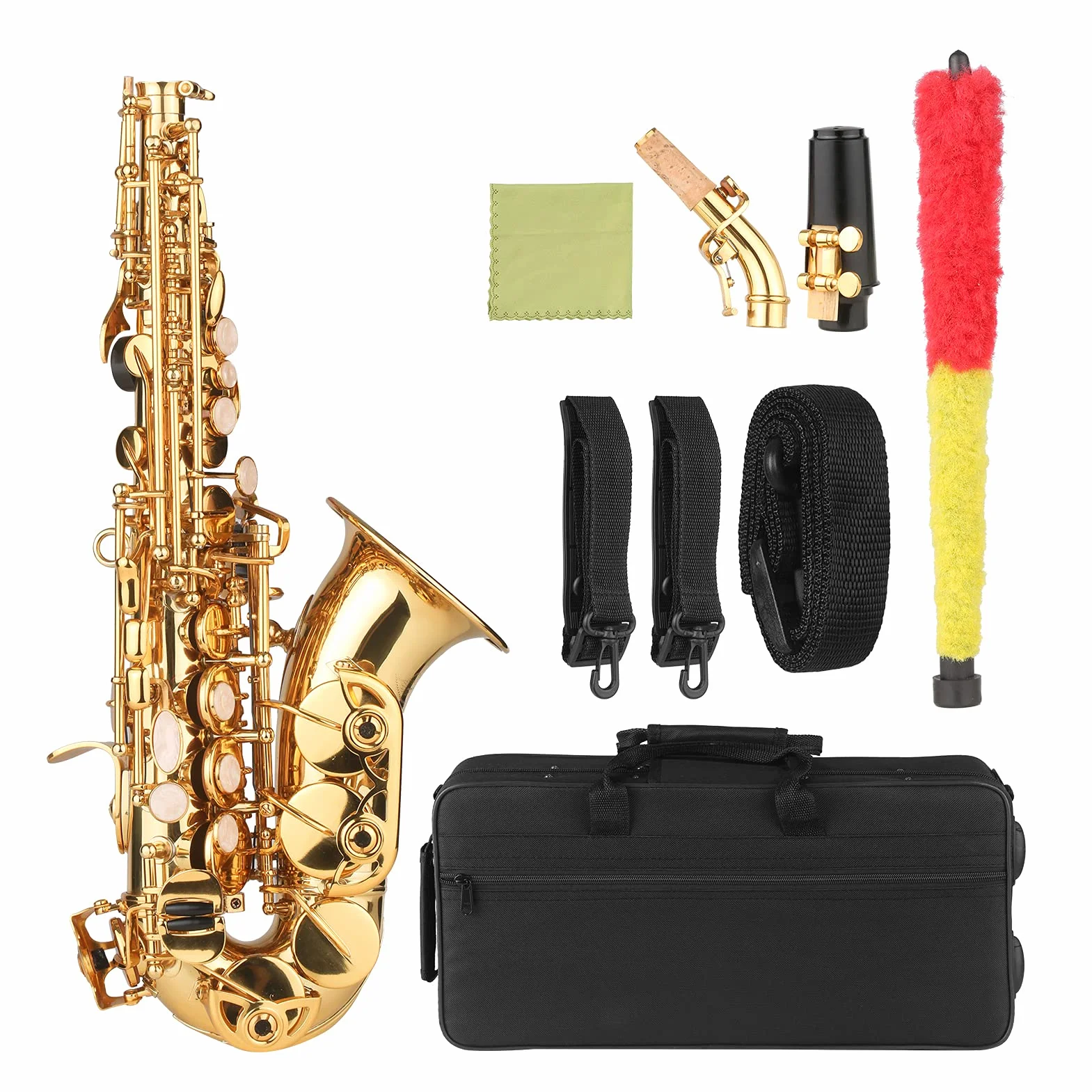 Sassofono Soprano in SIB Lacca Dorata Sax in Ottone con Custodia per Strumento Bocchino Tracolla per Panno Spazzola per Pulizia per Musicisti Principianti