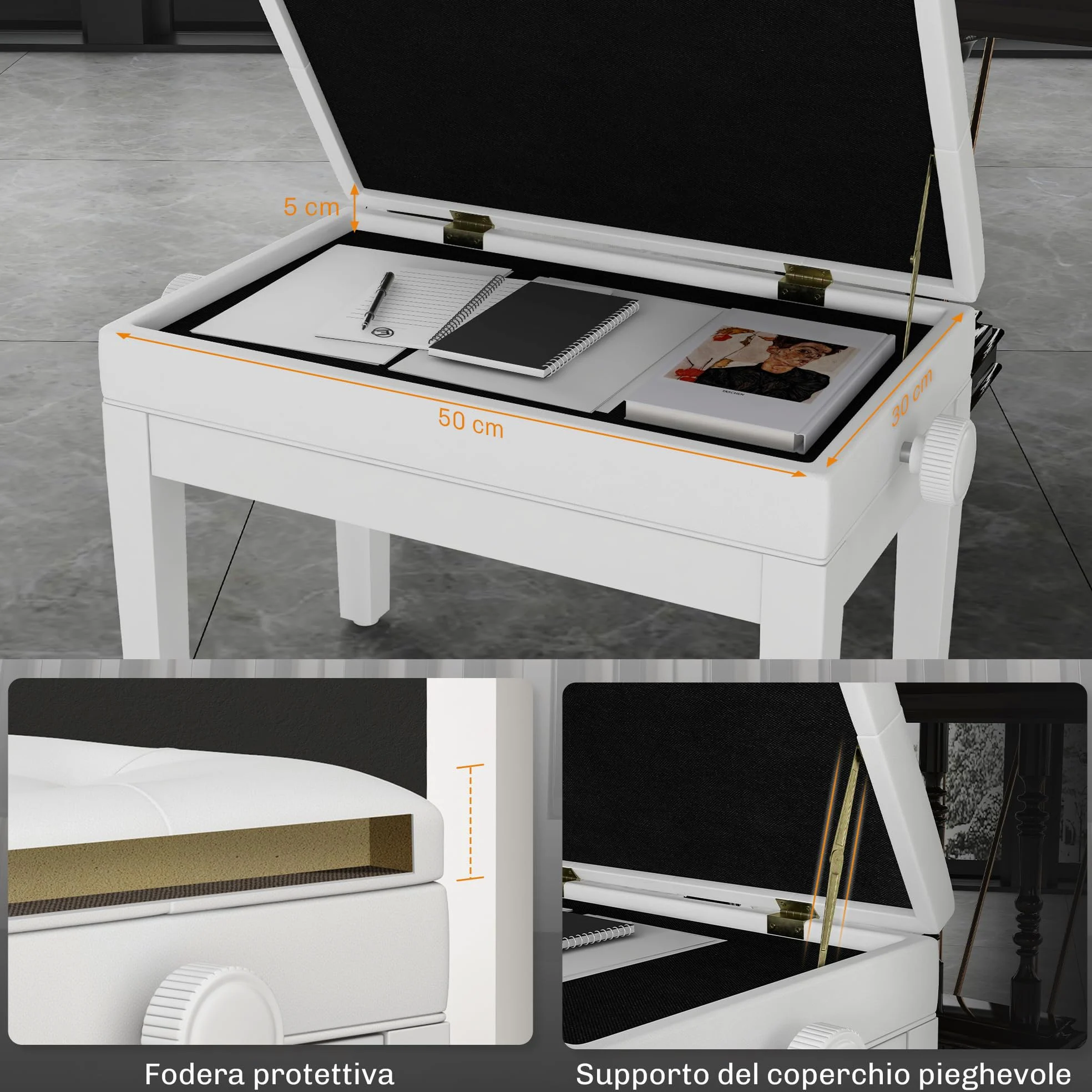 HOMCOM Sgabello Pianoforte con Altezza Regolabile 48-58 cm 200 kg Bianco | Panca Pianoforte, Vano Contenitore, Seduta Imbottita, Pelle PU, Gambe Legno di Caucciù, per Tastiera, per Pianola