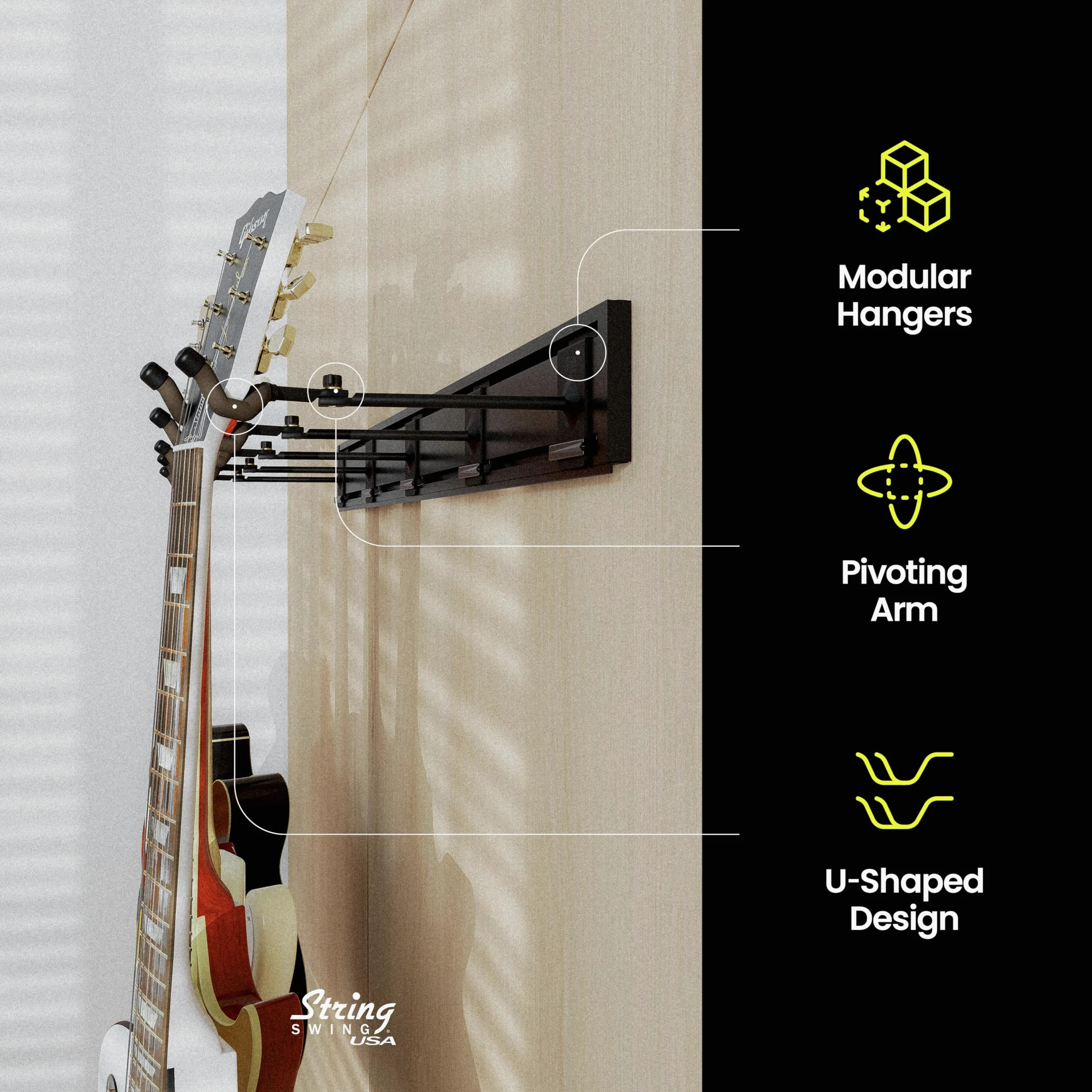 String Swing SW5RL-B-K - Supporto da parete per chitarra, con 5 ganci per chitarra e 1 supporto da parete resistente con venature nere
