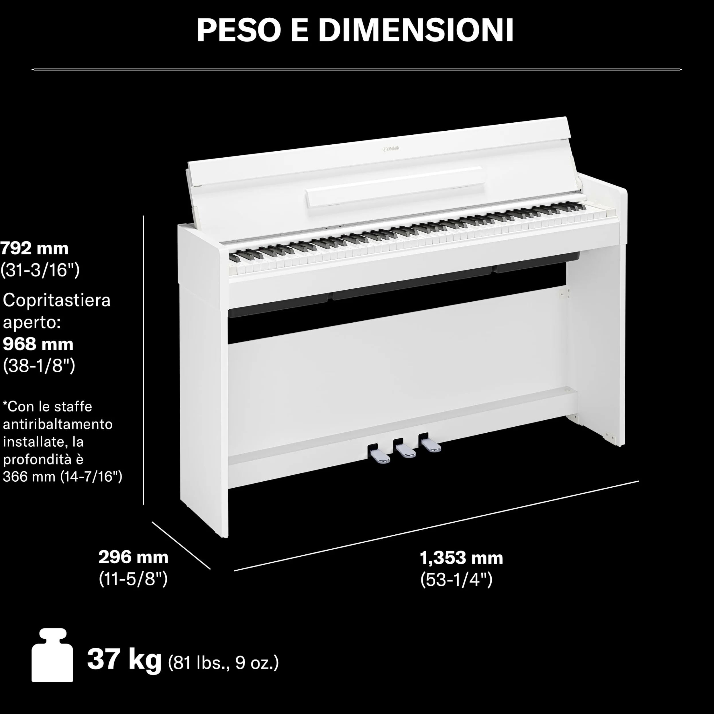 YAMAHA YDP-S36 Pianoforte Digitale – 88 Tasti Pesati GHS, Suono CFX Concert Grand, Design Slim, Bluetooth, 3 Pedali, Ideale per Casa e Principianti – Bianco