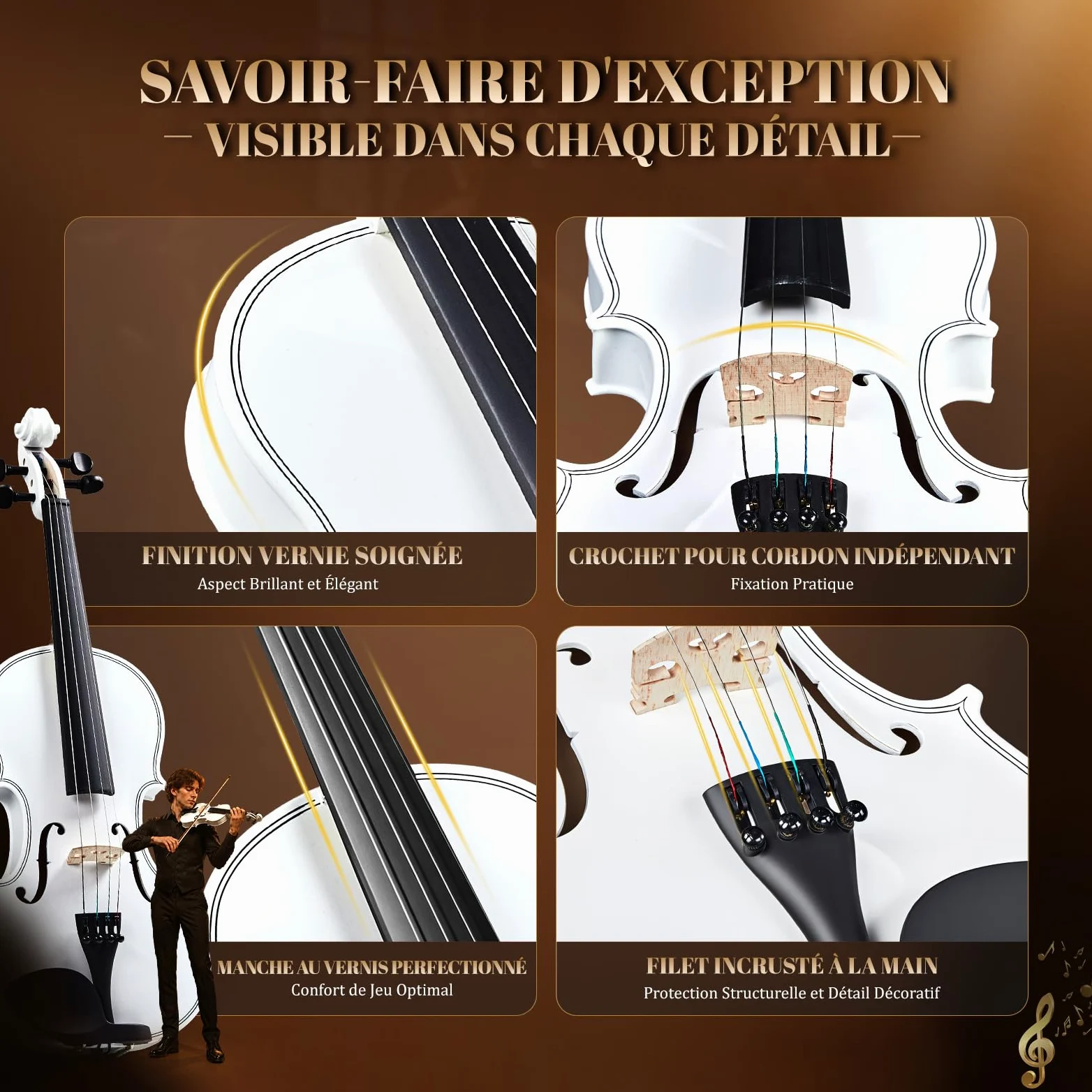 Bonnlo Violino per Bambini e Principianti, Misure 1/4, 1/2, 3/4 e 4/4, Violino in Legno Compensato di Tiglio con Acro in Legno Rosso, Astuccio, Colofonia e Mentoniera, 4/4, Bianco