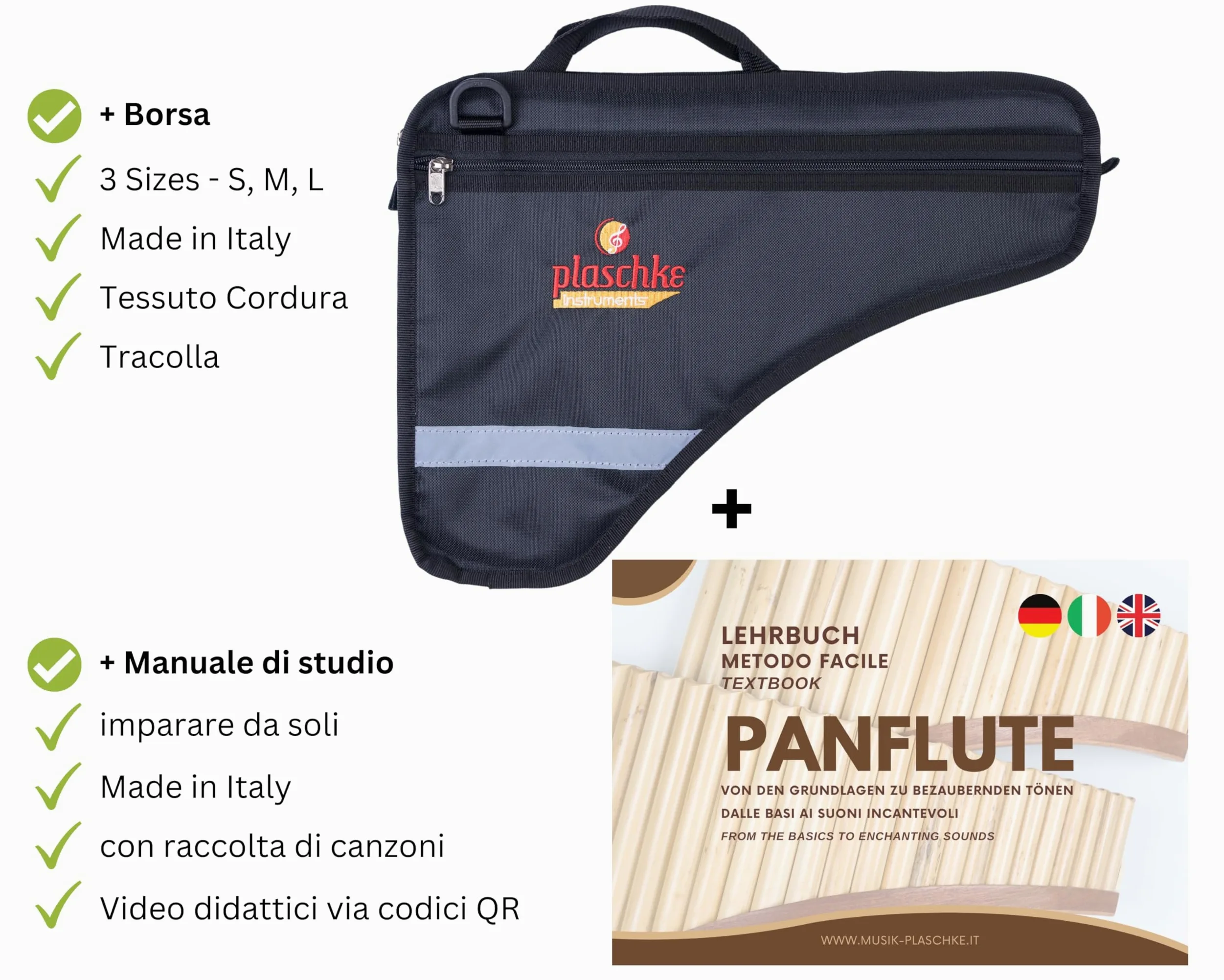 Plaschke flauto di pan concerto con zoccolo design, kit con custodia e libro didattico, 25 toni- Sol