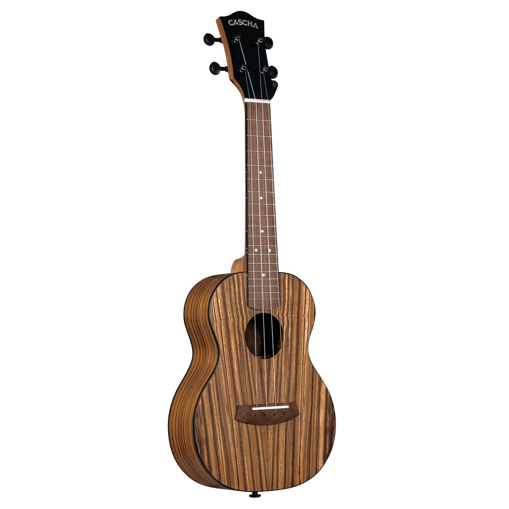 CASCHA Ukulele Zebra Wood – Legno zebrato di alta qualità, suono caldo, collo Okoume, tastiera in noce, finitura opaca, corde in carbonio Cascha, con custodia per il trasporto – Concert