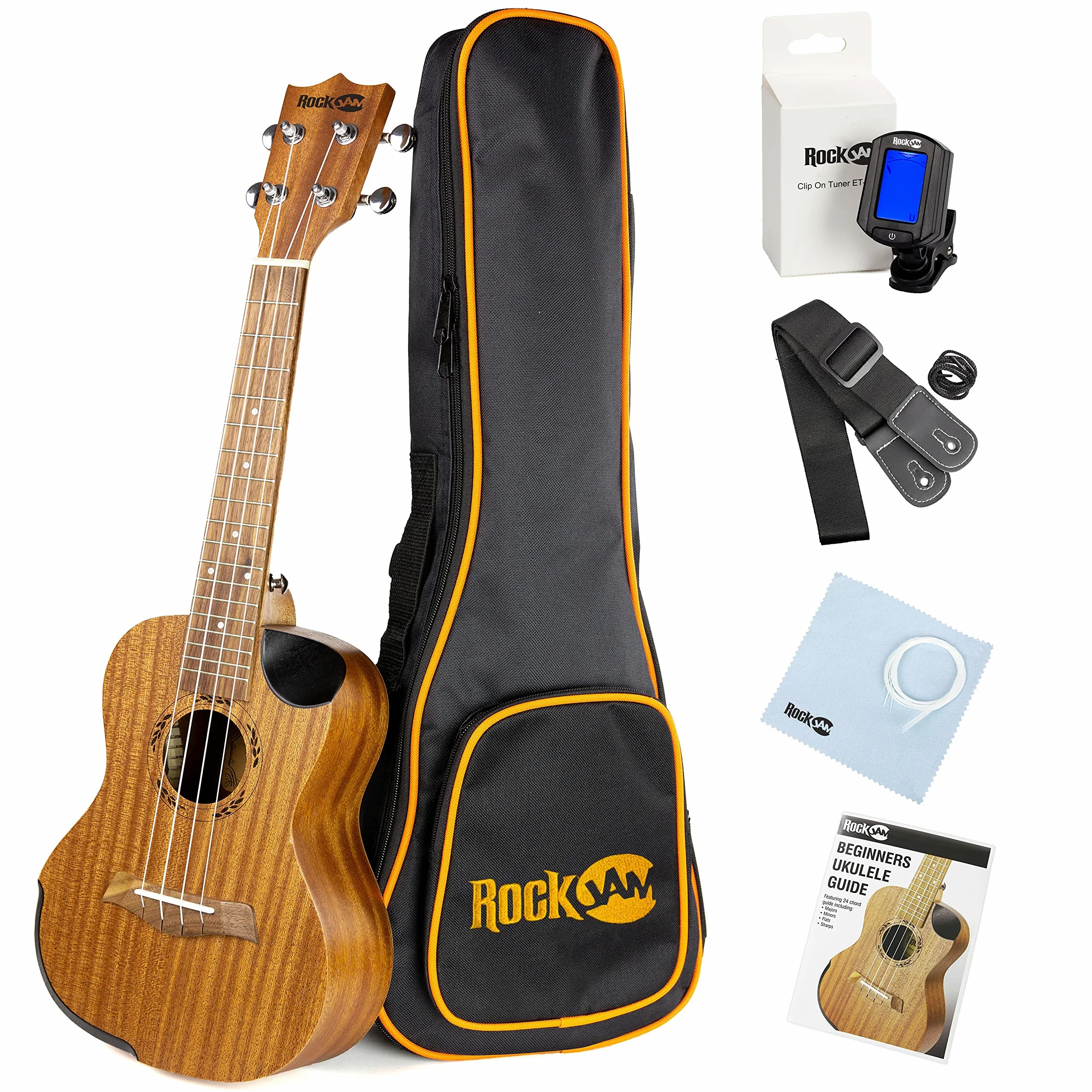 RockJam Kit ukulele da concerto con accordatore, borsa da concerto, cinghia, plettri e corde di ricambio, 4, destra, naturale, completo (RJUK-712C-N)
