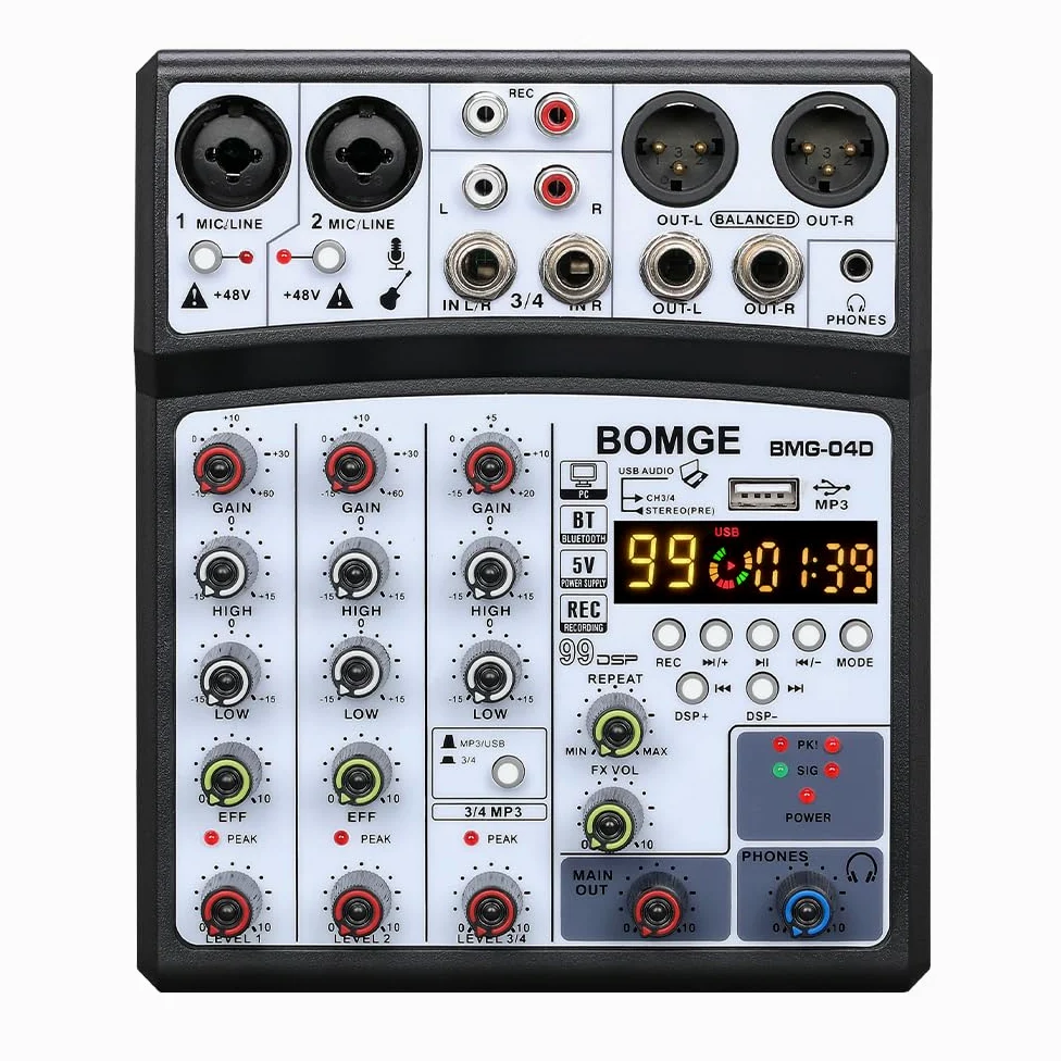 BOMGE Mixer audio professionale per DJ a 4 canali con 99 DSP interfaccia console di mixaggio karaoke da tavolo ingresso MP3 USB ingresso Bluetooth registrazione stereo alimentazione Phantom 48V