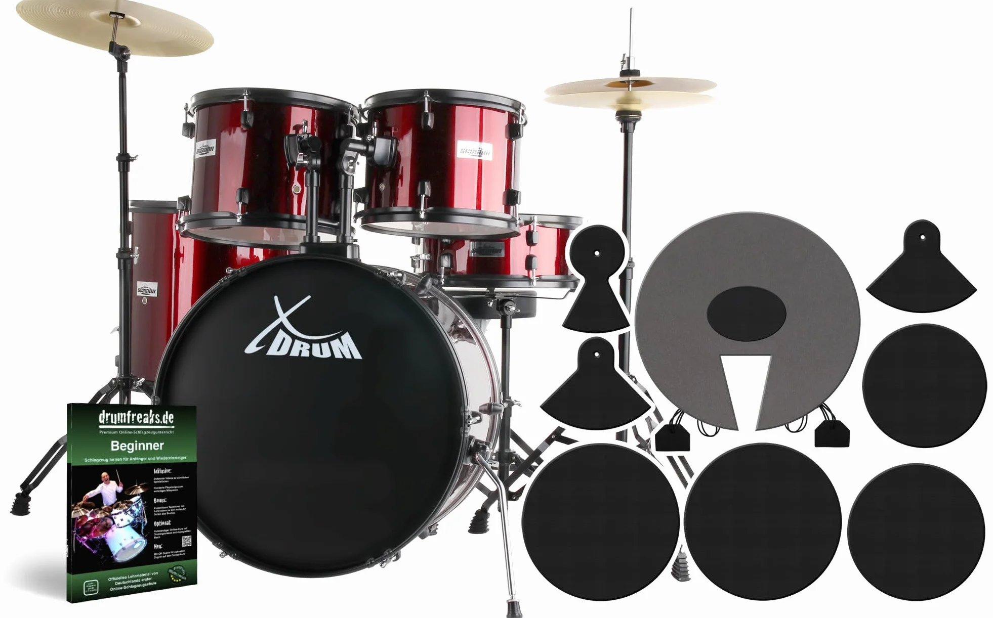 XDrum Rookie Batteria Fusion 22" Ruby Red più Set Smorzatori, 14" TT | Fusti in pioppo acusticamente pregiato con pellicola speciale, Hardware nero a doppio rinforzo in 5 pezzi, 14" TT, 14" SD