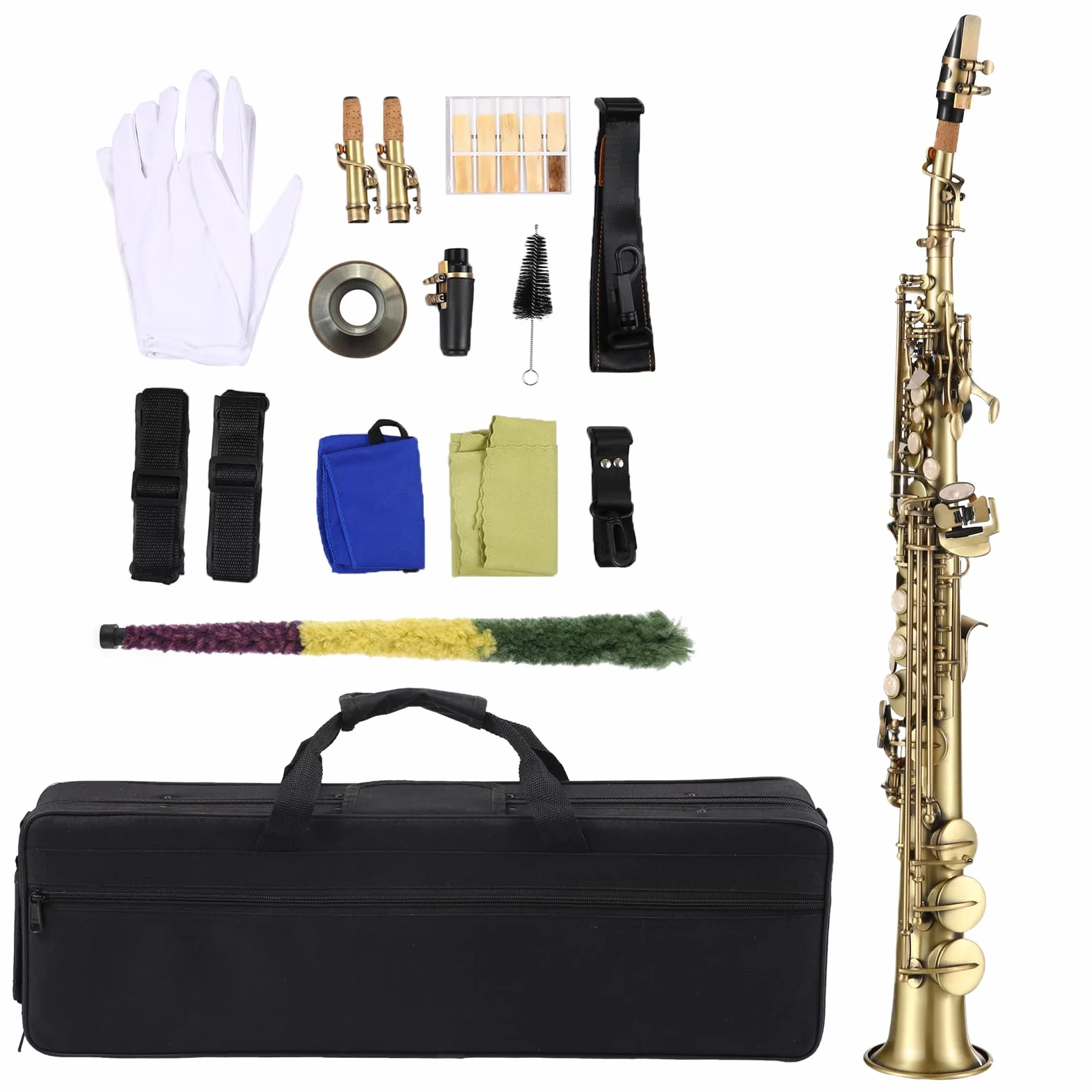 Btuty Ottone Dritto Sib Soprano Sassofono Nichelato Sax Strumento a fiato Modello di intaglio con custodia per il trasporto Bocchino Kit di pulizia per ance Guanti Cinghie Pennello