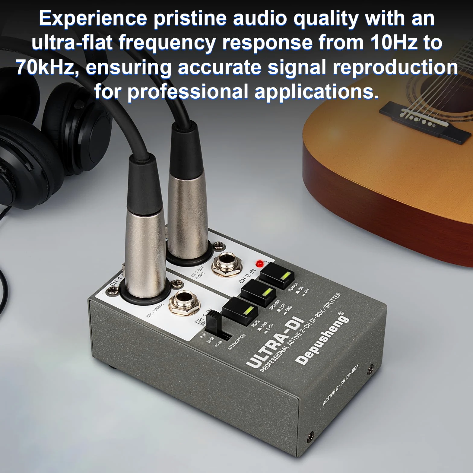 Depusheng Ultra-DI Di2 Professional Active DI-Box/Splitter a 2 canali con attenuatore di ingresso per collegare chitarra e basso, connettore bilanciato e sbilanciato, alimentazione 48V supportata