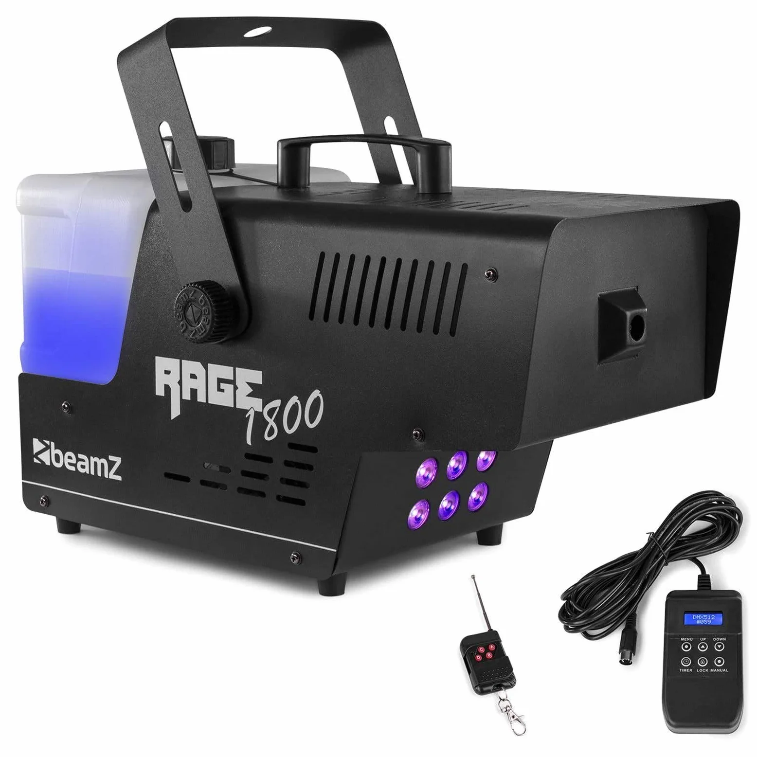 Beamz Rage 1800 - Macchina del Fumo con telecomando, 1800 Watt, 6 x 4 W LED RGBW, volume Uscita: 530 m³ al minuto, volume serbatoio: 3,5 litri, 7 canali DMX, tempo di riscaldamento: 4 min