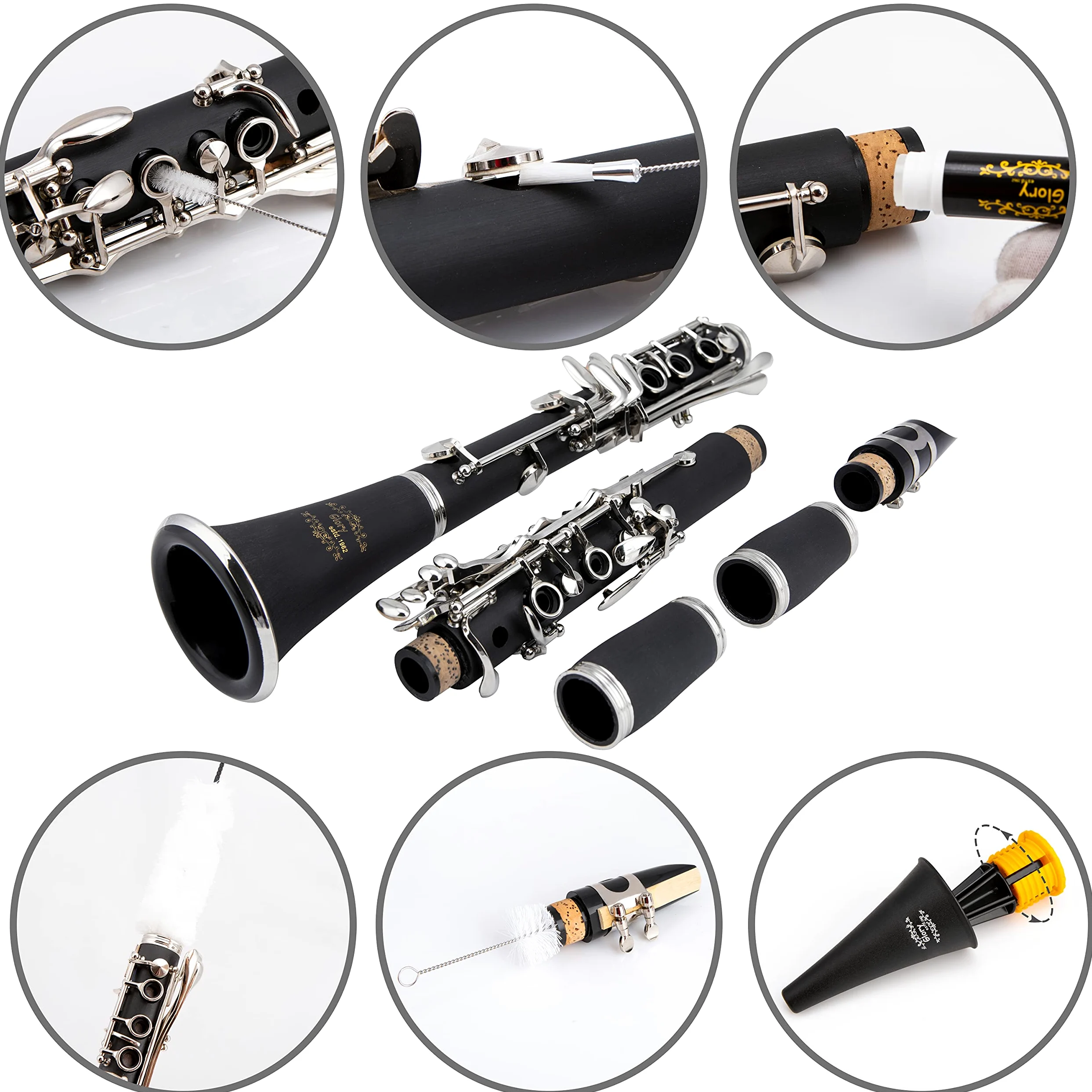 Glory GLY-PBK - Clarinetto professionale in ebanite con 10 ance, supporto, custodia rigida, panno per la pulizia, spazzola per bocchino e spazzola per cuscinetto, nero
