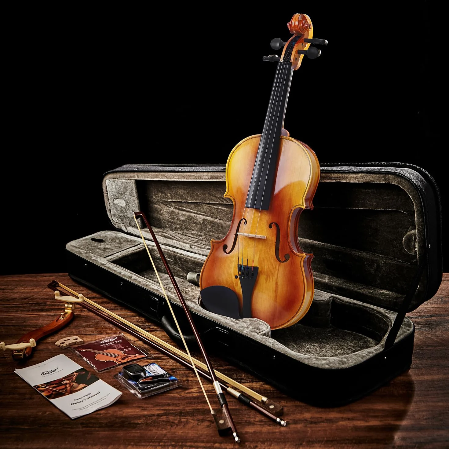 Set di violino Eastar 4/4 in legno massello per adulti con custodia rigida, spalliera, due archetti, accordatore a clip e corde extra, EVA-330