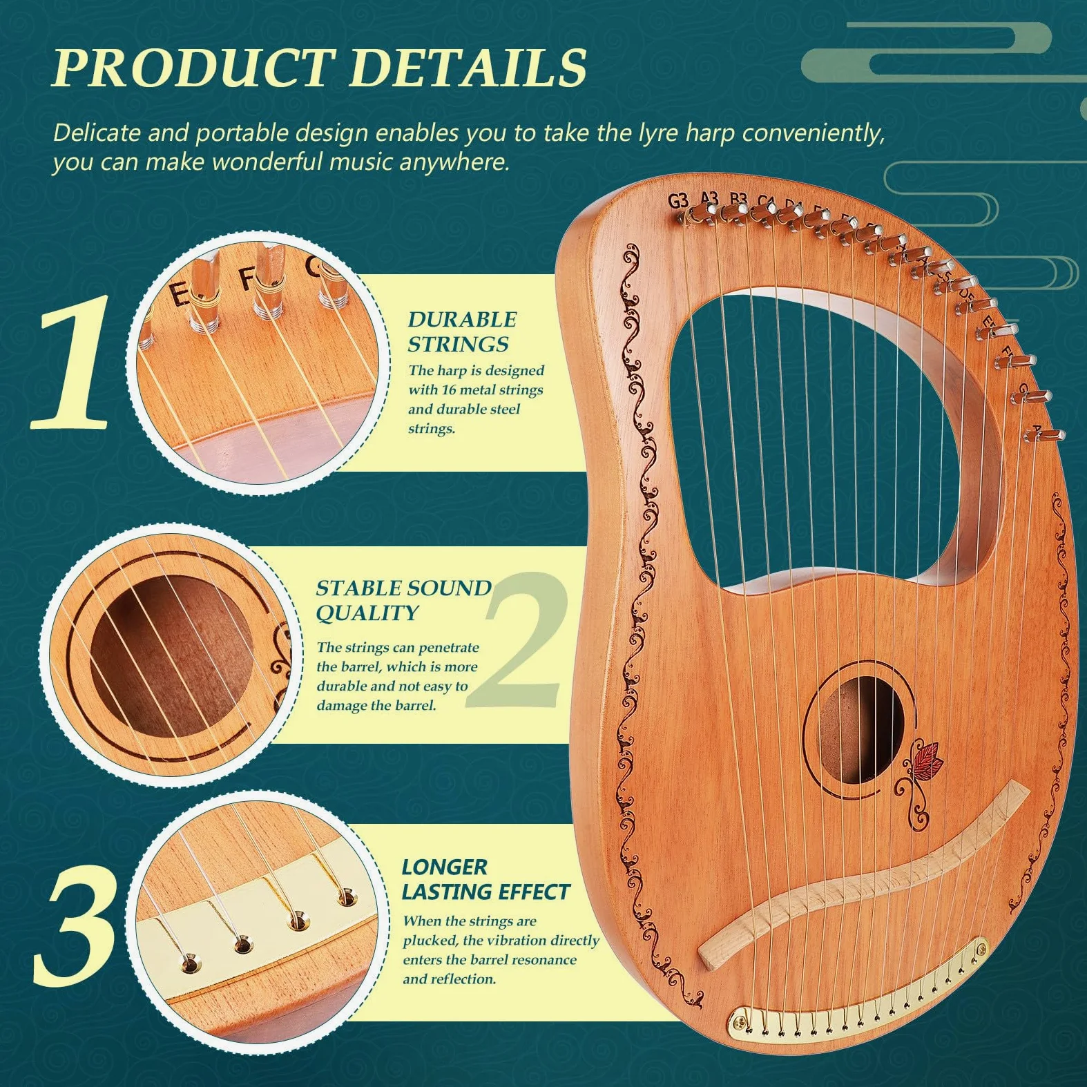Veemoon Strumento Musicale Delicato in Legno Effetto Sustain Prolungato Lira Portatile 16 Corde e Trasporto Semplice per Esecuzioni Pratiche