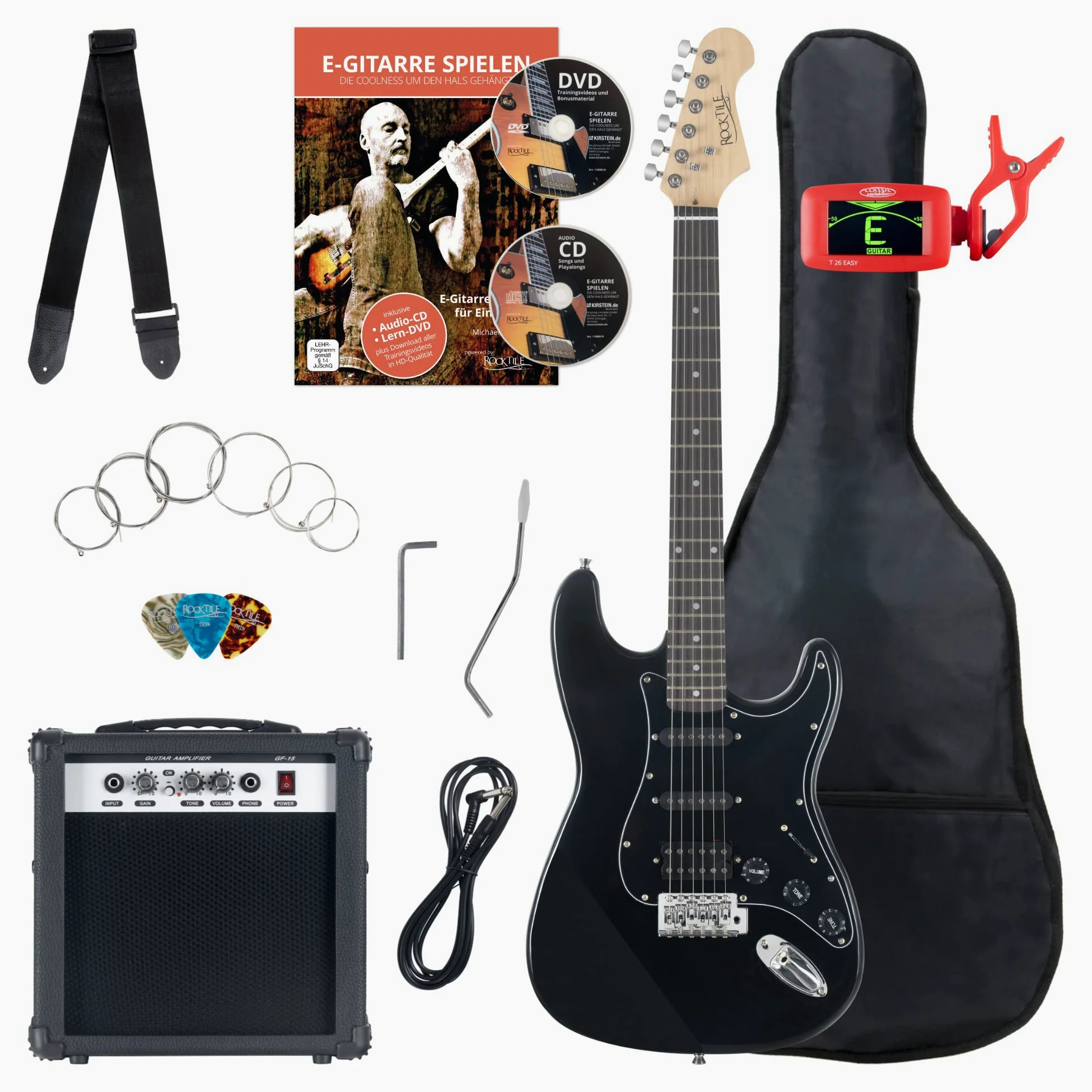 Set Chitarra Elettrica Rocktile Banger's Powerpack Black con Amplificatore | Chitarra Rocktile ST-Style, Finitura Nera, 1x Humbucker e 2x Single Coil Pickup, Selettore a 5 Vie, Leva Tremolo, 5 x 4 cm