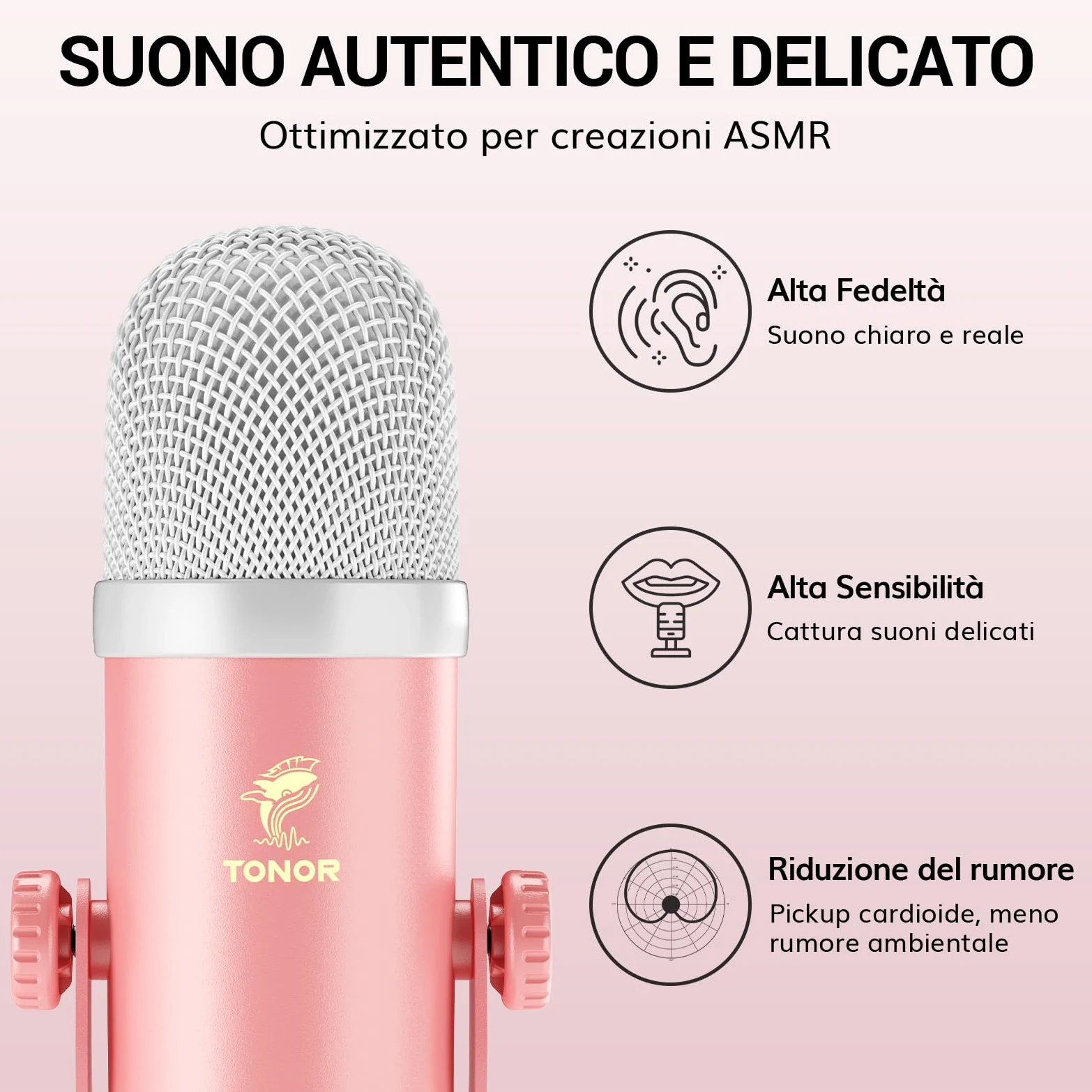 TONOR Microfono ASMR Equipment Bundle, Microfono a Doppio Condensatore con Interfaccia Audio, Audio 3D Immersivo, Suono Nitido, Controllo del Volume, Set per ASMR, Podcast, Registrazione, Rosa