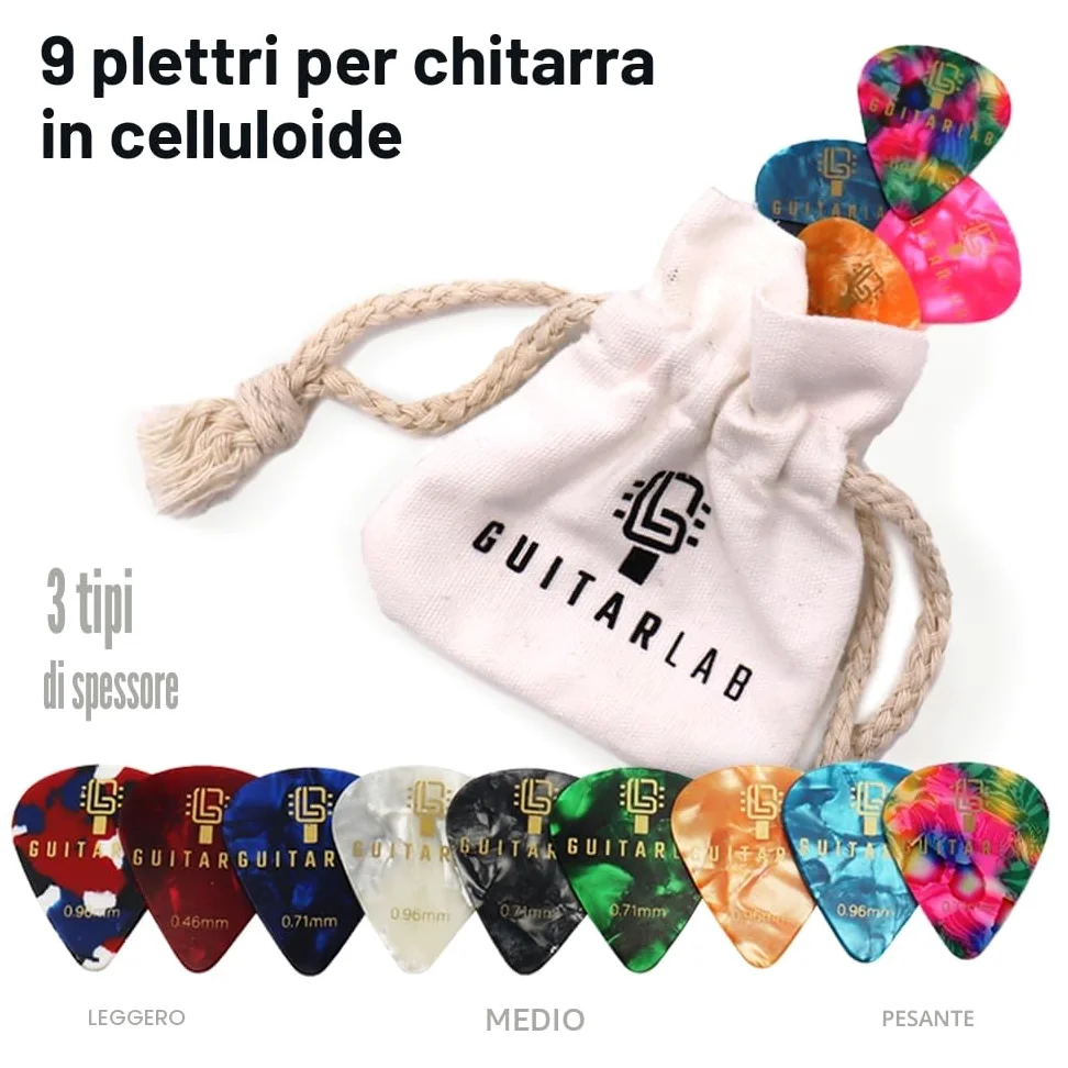 Guitar Lab Kit di accessori per chitarra – Scatola in metallo di alta qualità con cinghia per chitarra, capotasto e sintonizzatore per chitarra elettronica a clip, plettri acustici, bassi