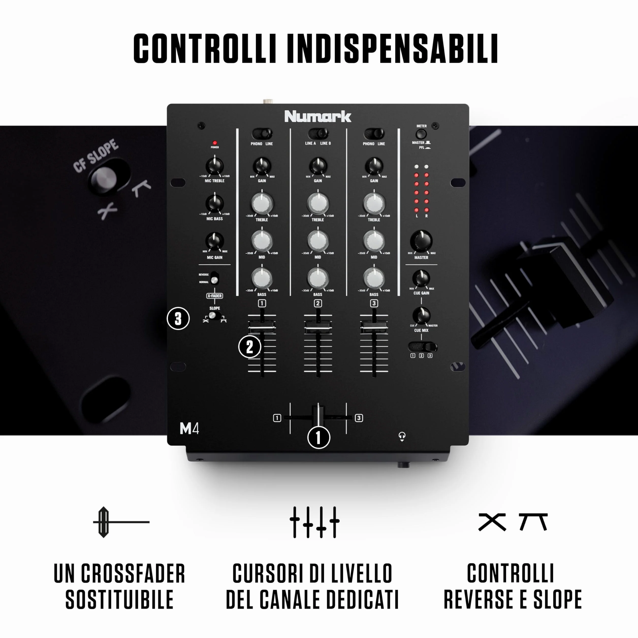 Numark M4 - Mixer Scratch 3 Canali a Rack per DJ con EQ a 3 Bande, Ingresso Microfonico, Crossfader Sostituibile e Controlli Slope e Reverse