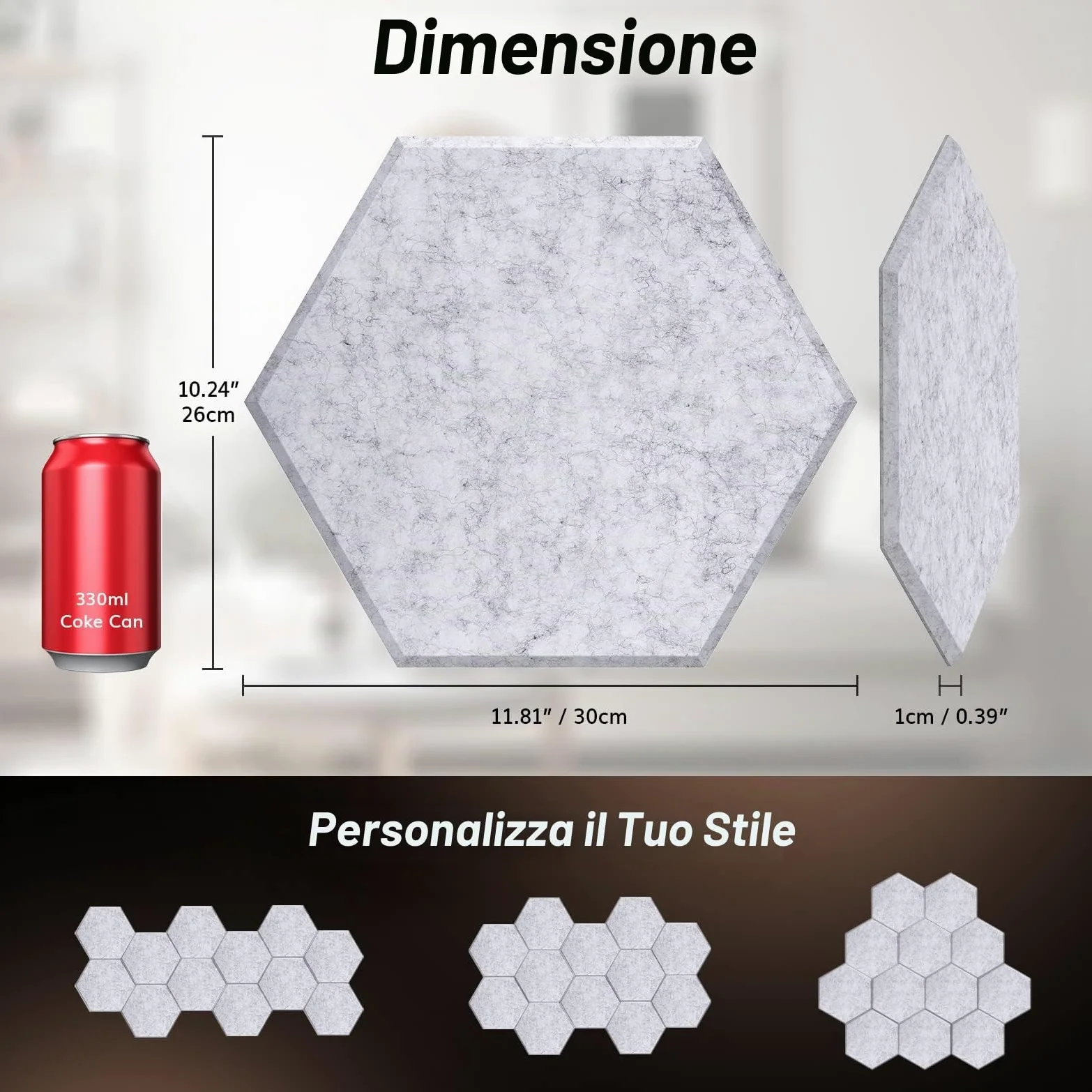 TONOR 36 Pezzi Pannelli Fonoassorbenti Adesivi, 30 X 26 X 1cm Pannelli Acustici Ad Alta Densità, Pannello Fonoassorbente Esagonale, Insonorizzazione Stanza Per Studio, Camera Da Letto, Grigio Chiaro