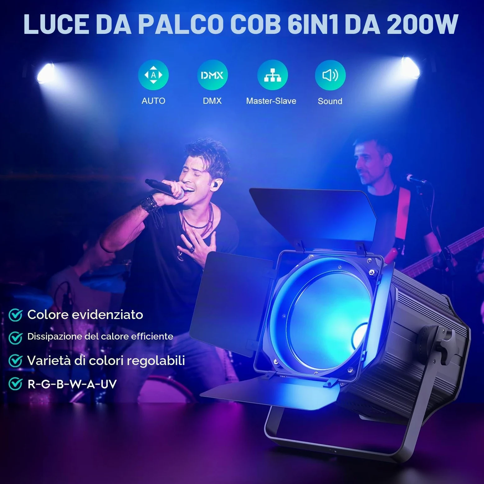 200W COB LED Par faretto 6 in 1 RGBWA+UV Luci da Palcoscenico 3500~7500 K par led con DMX/Sound/Master-slave COB luce Fari per palco, DJ, feste, matrimoni, chiese dramma