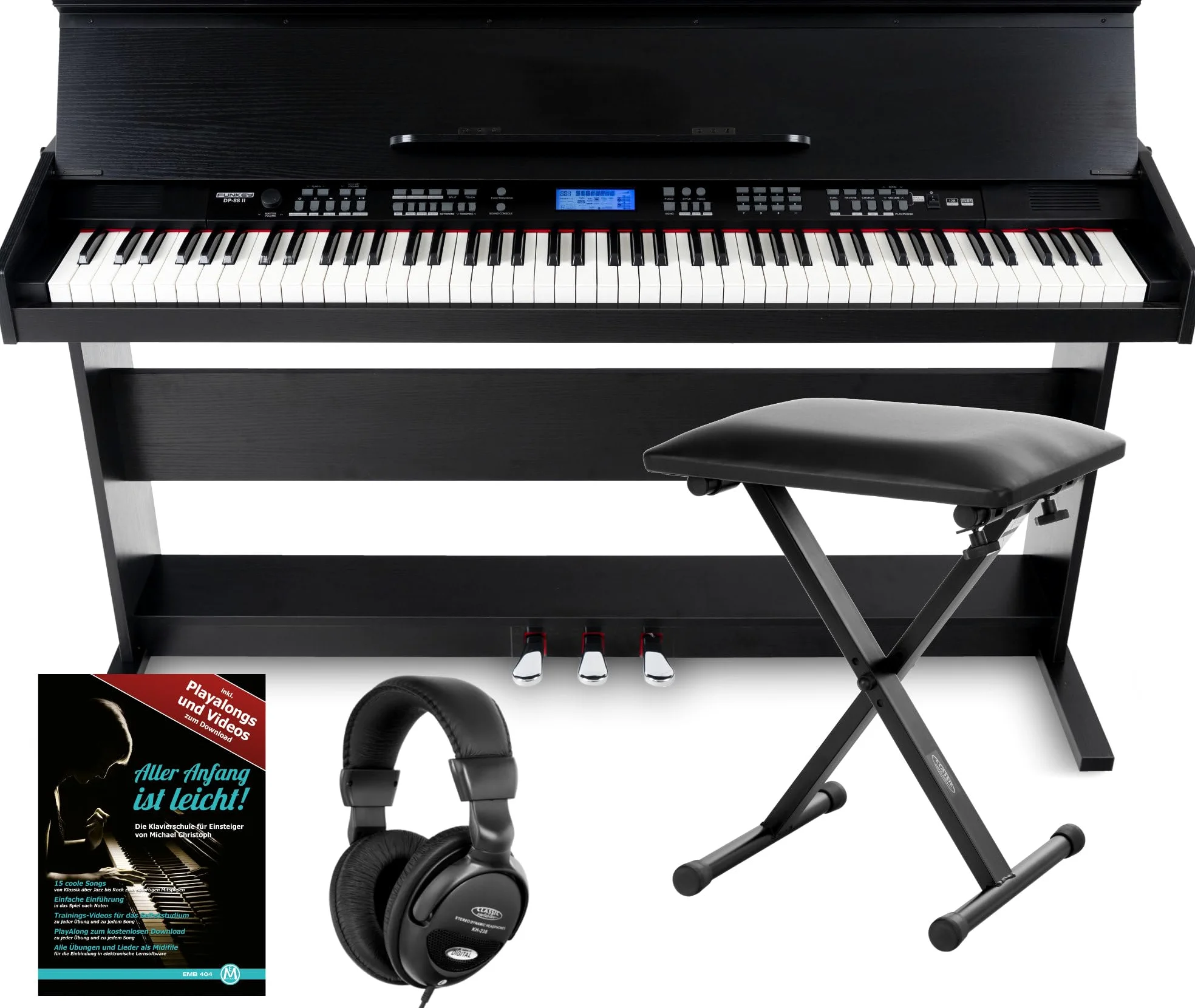 FunKey DP-88 II Pianoforte digitale nero Set con panca economy, cuffie e guida (tedesco)