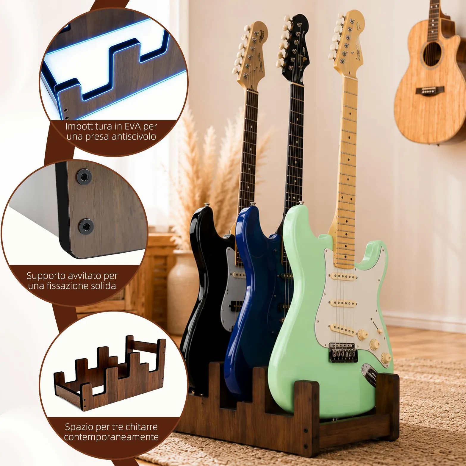 Supporto per chitarra in legno per 2 chitarre elettriche + 1 acustica | Legno massello, livelli scalati, ampia rientranza per chitarra acustica, imbottitura, antiscivolo, risparmio spazio