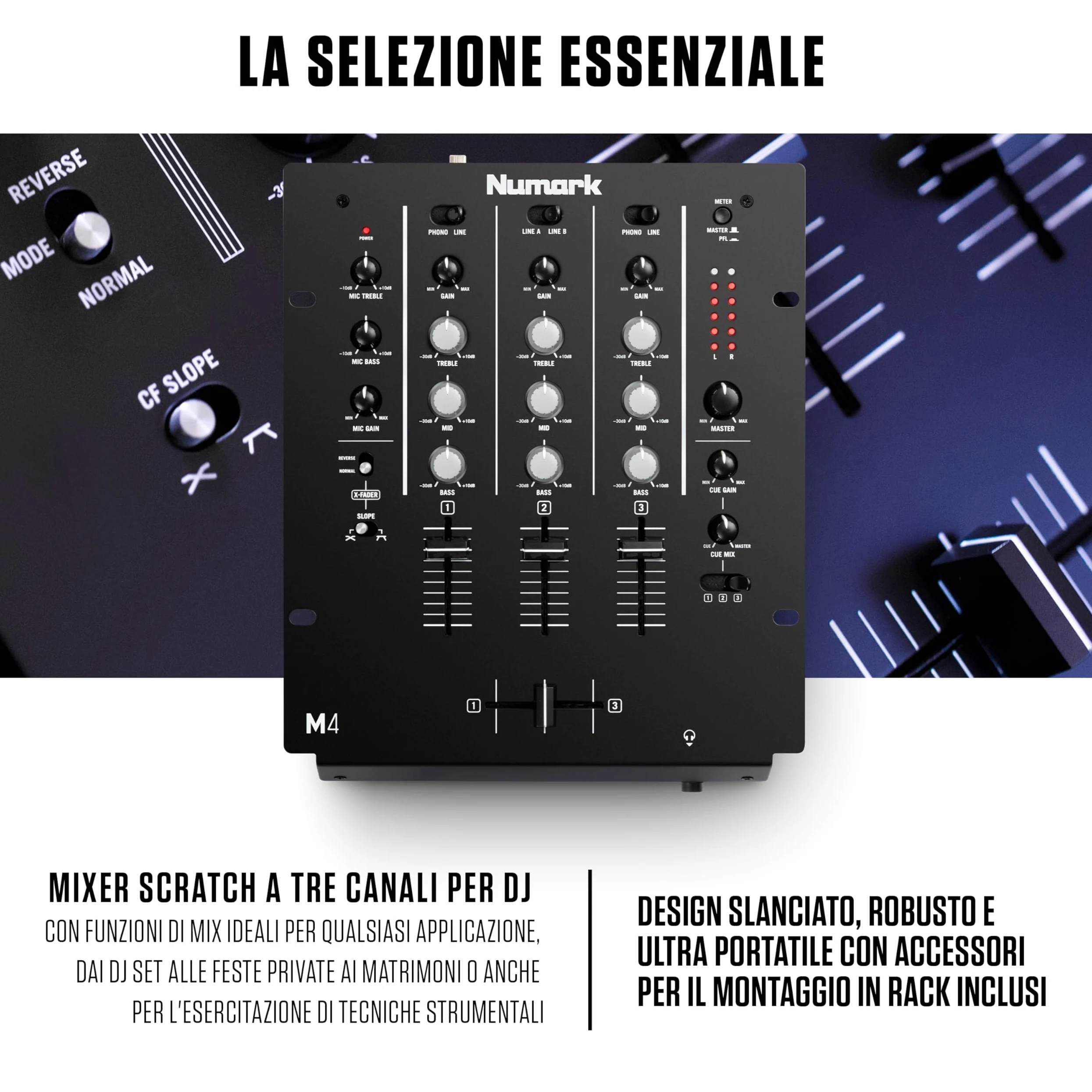 Numark M4 - Mixer Scratch 3 Canali a Rack per DJ con EQ a 3 Bande, Ingresso Microfonico, Crossfader Sostituibile e Controlli Slope e Reverse