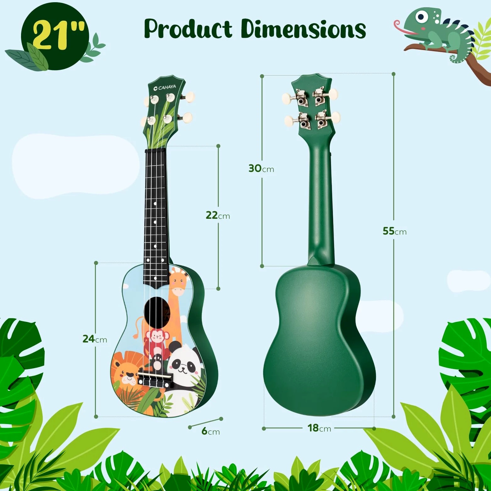CAHAYA Ukulele soprano con custodia per adulti appassionati: ukulele in tiglio con macchina geared, cinghia, note, corde, panno per la pulizia, 4 plettri, zoo da 21 pollici