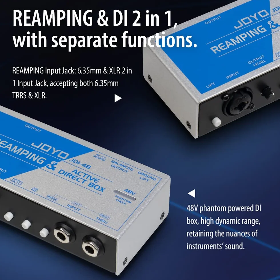 JOYO Reamping passivo e Direct Box Active Phantom Powered 2-in-1 per chitarra basso, dispositivo di registrazione portatile DI BOX con ingresso 6,35 mm e XLR (JDI-48)