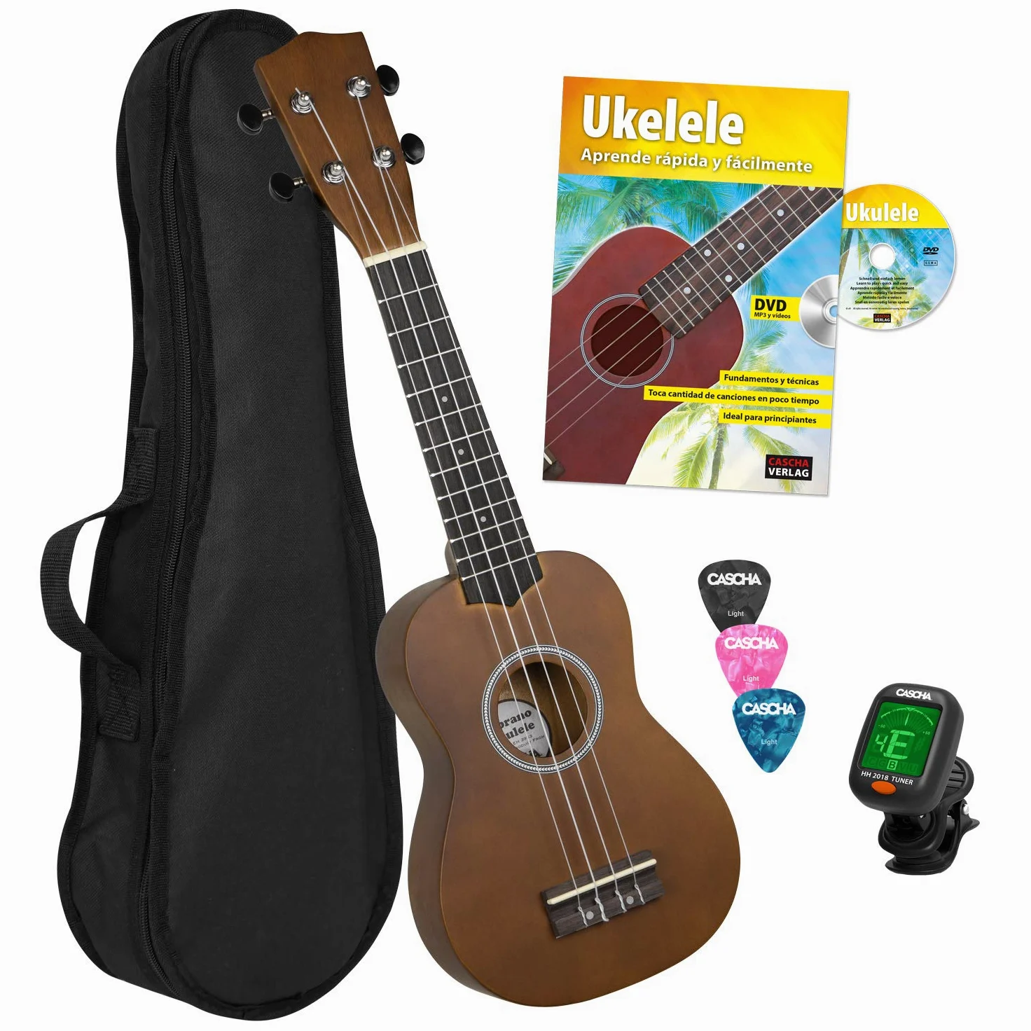 Cascha HH 3956 ES Ukulele Soprano con Manuale in Spagnolo, Accordatore, Borsa, 3 Plettri e Corde Aquila