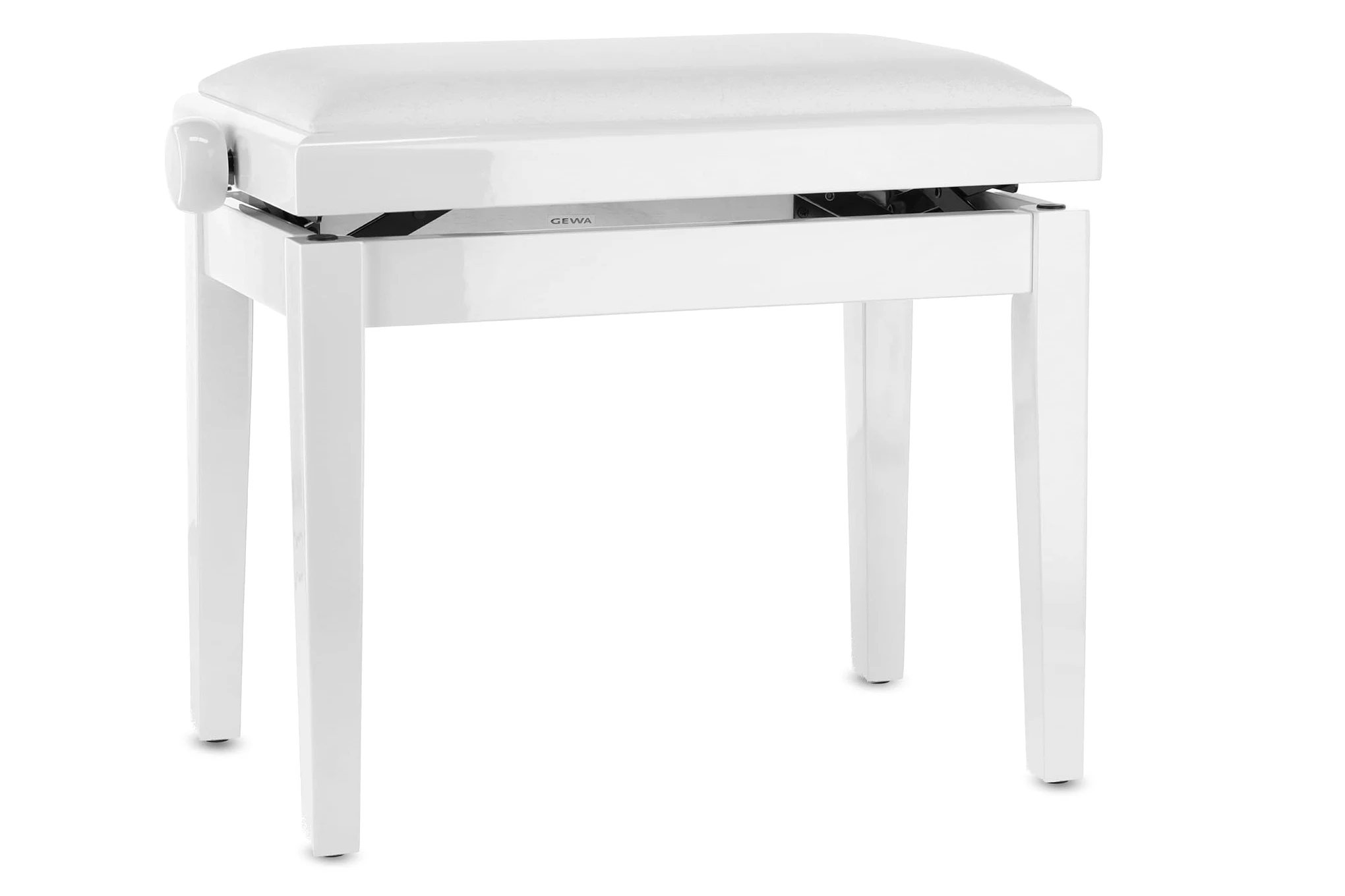 GEWA panca per pianoforte deluxe in vinile - bianco lucido - legno massiccio - coprisedile in vinile - seduta 52x30cm - regolabile in altezza - fissaggio ad alta resistenza - carico di rottura 2t