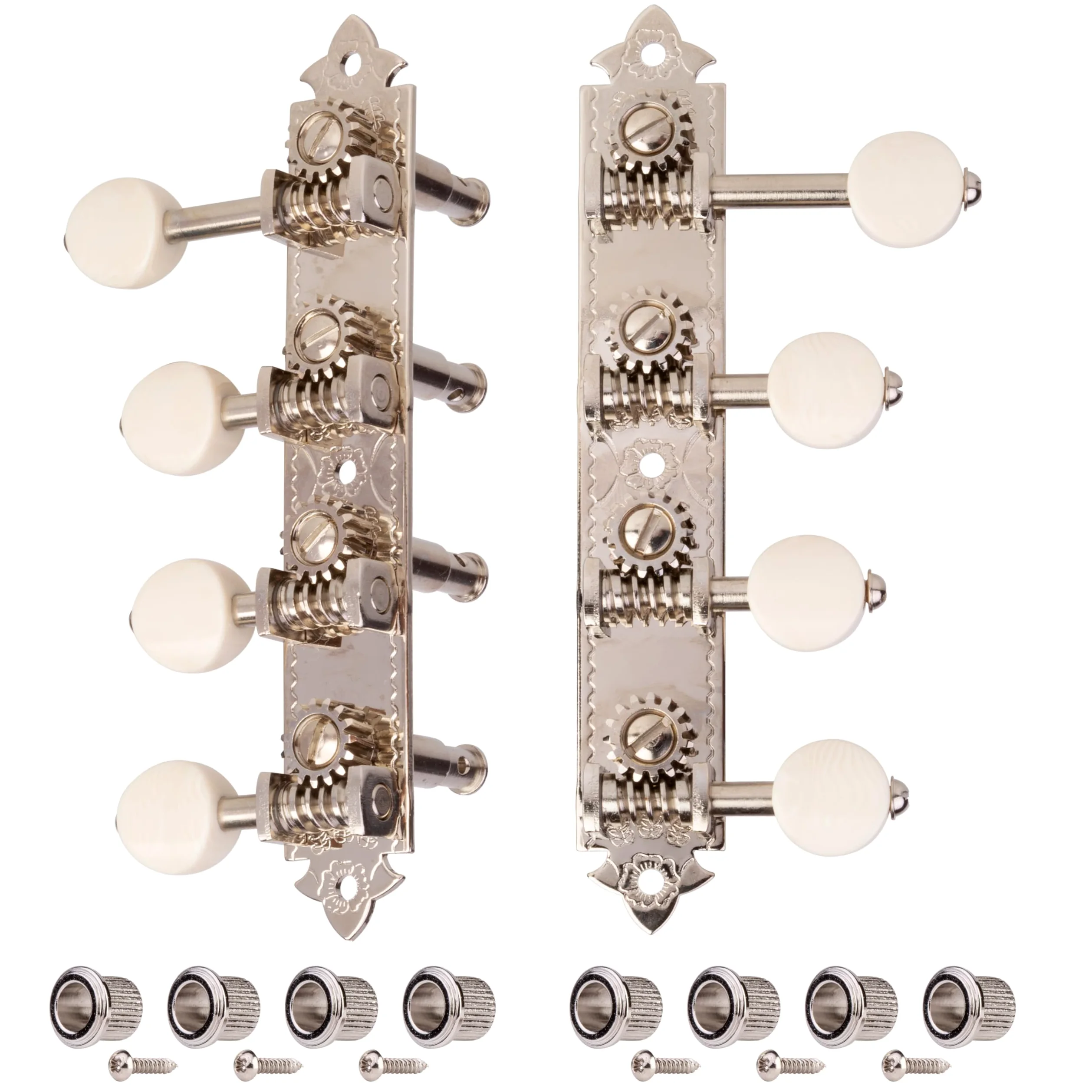 Golden Age Accordatori Mandolino Stile F, Relic Nichel, Manopole Ivoroide | Accordatori Mandolino Stile F, Relic Nichel, Manopole Ivoroide, per strumenti a corda e liuteria. Qualità professionale.