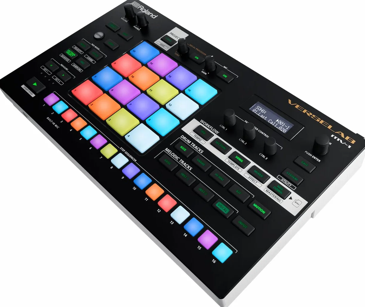 Studio di Produzione Musicale Professionale Roland VERSELAB MV-1 ZEN-Core per Compositori e Cantanti. 4x4 pad e Step Sequencer TR-REC per la batteria, le linee di basso e le parti melodiche