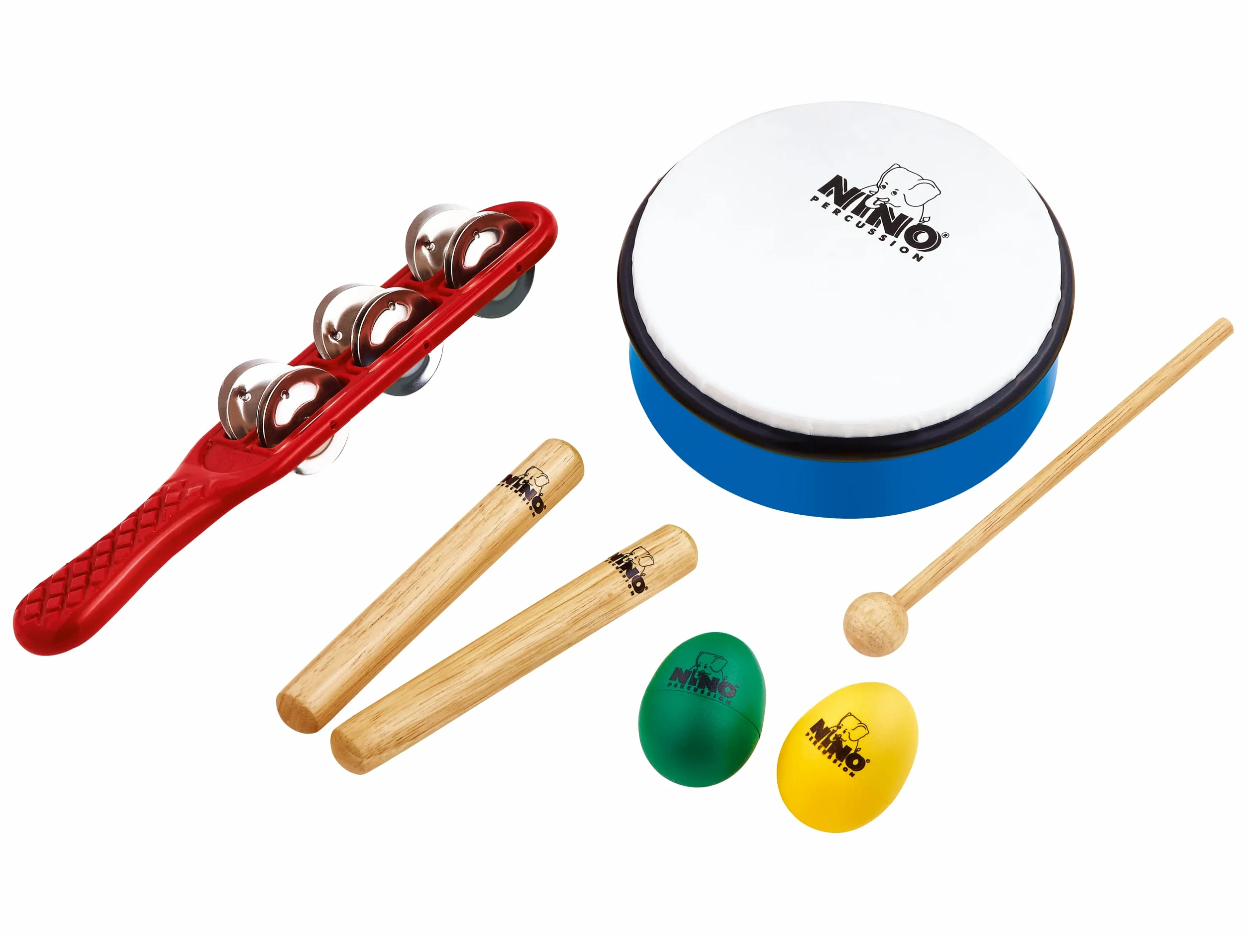 Nino Percussion NINOSET3 - Set di 7 strumenti musicali assortiti, ideali per scuole, asili e per musicoterapia (manale, clavette di legno, shaker a uovo, tamburello in ABS compresi)