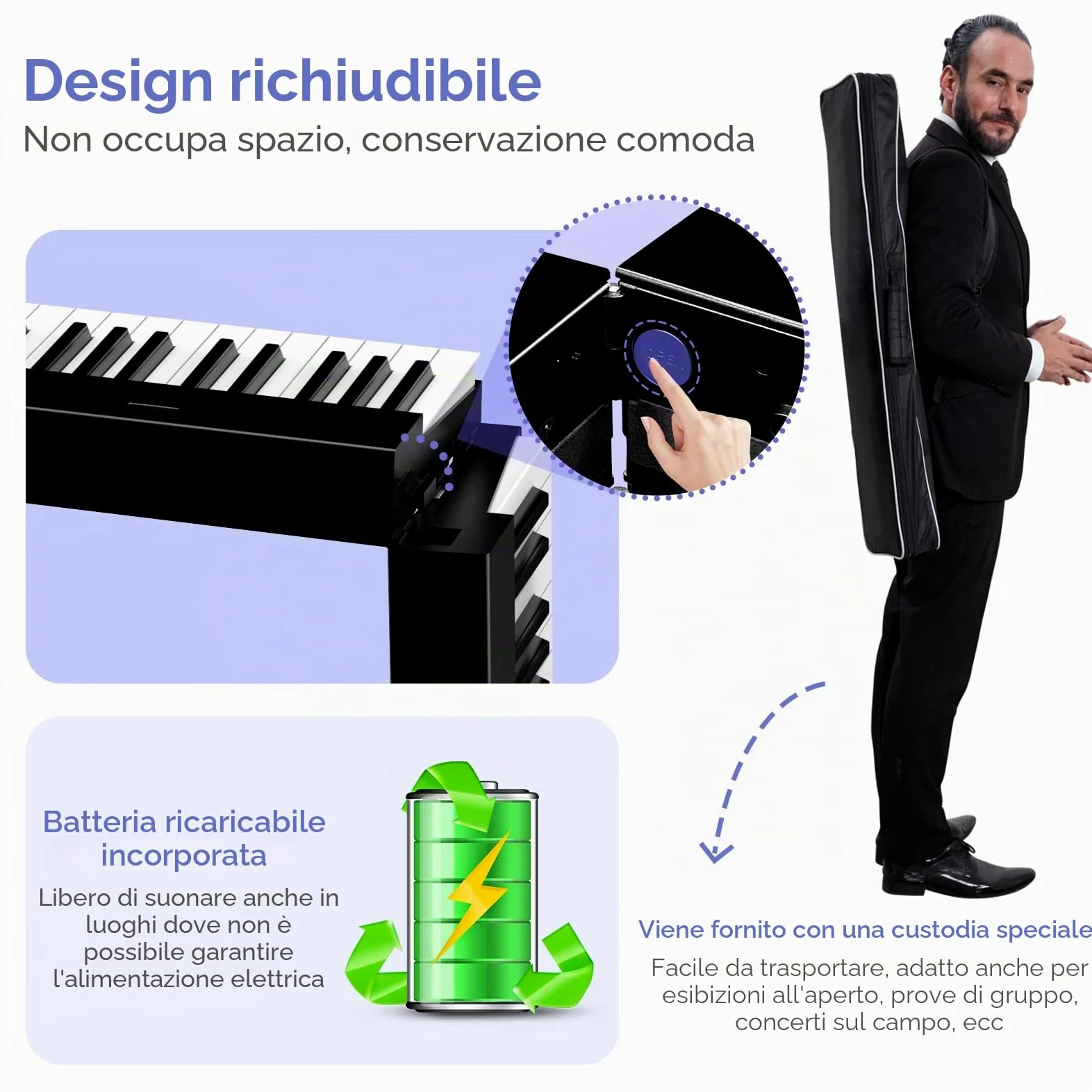 TERENCE Pieghevole Pianoforte Digitale 88 Tasti semi-pesati con batteria da 1750 mAh Bluetooth e interfaccia MIDI, supporto per spartiti Borsa adesiva Cavo audio con Pedale di sostegno (X88D)