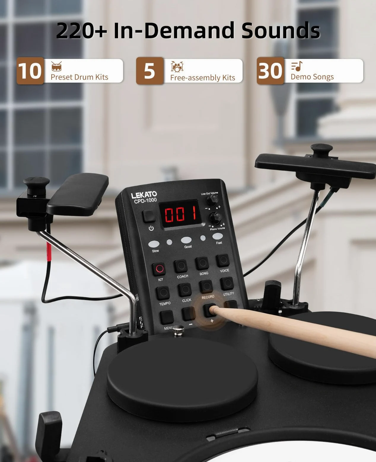 LEKATO Batteria elettronica CPD-1000 con cuscinetti a rete silenziosi, batteria elettrica portatile, oltre 220 suoni, USB MIDI, 2 robusti interruttori a pedale, bastoncini, borsa da viaggio