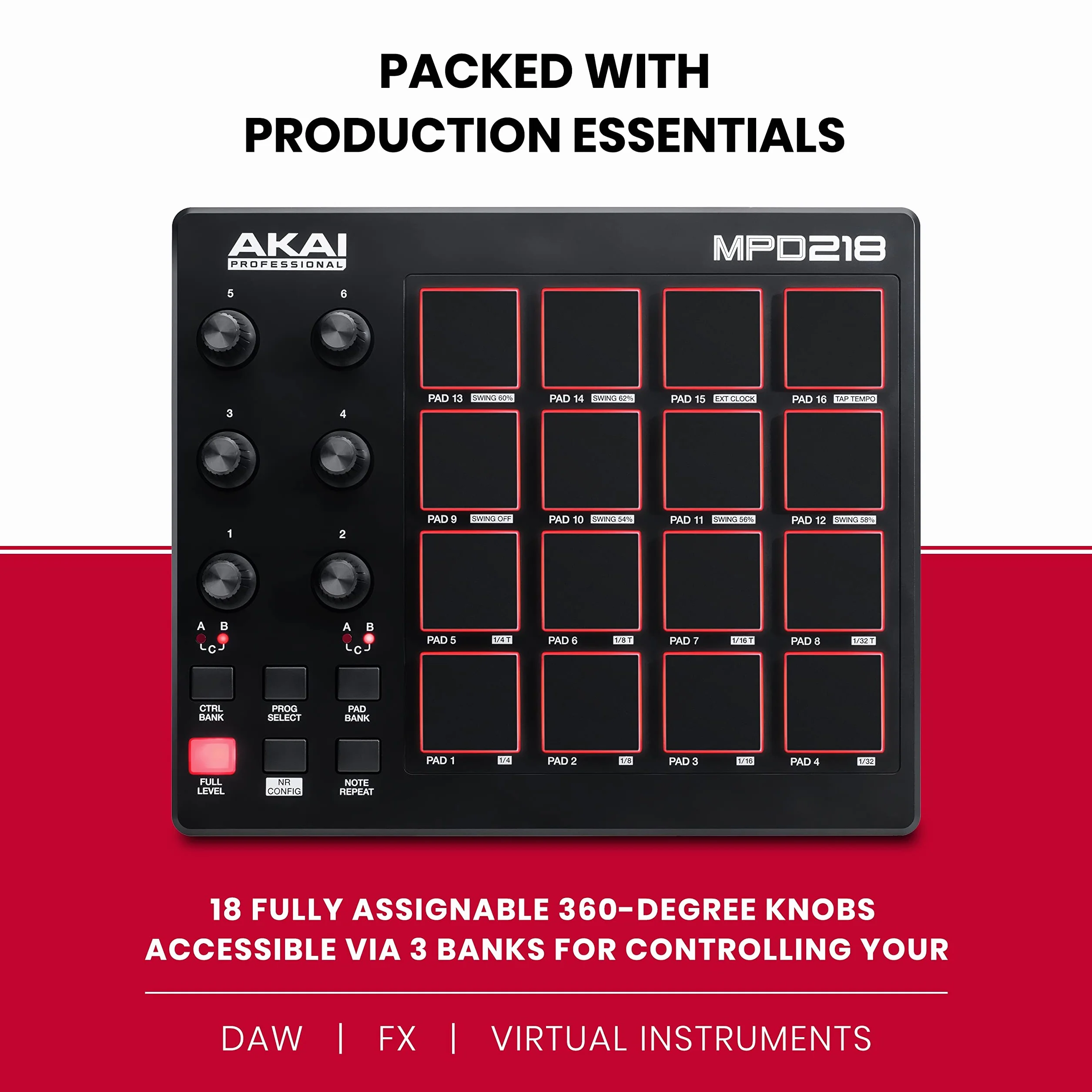 Akai Professional MPD218 - Controller MIDI Pad/Drum Pad Macchina/Beat Maker con 16 Pad, Controlli Assegnabili, Software di Produzione Incluso