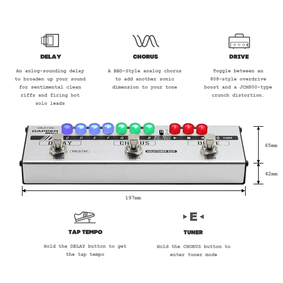 Valeton Dapper Mini Stage Session Gigging Gear Overdrive Distorsione Chorus Ritardo Chitarra Multi-Effetti Pedale