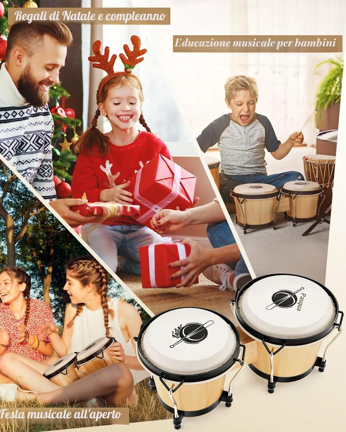 Eastar Bongo Drum 6” + 7” Per Adulti Bambini Principianti Professionisti Strumenti a Percussione Accordabili In Legno Tiglio EBO-1 naturale