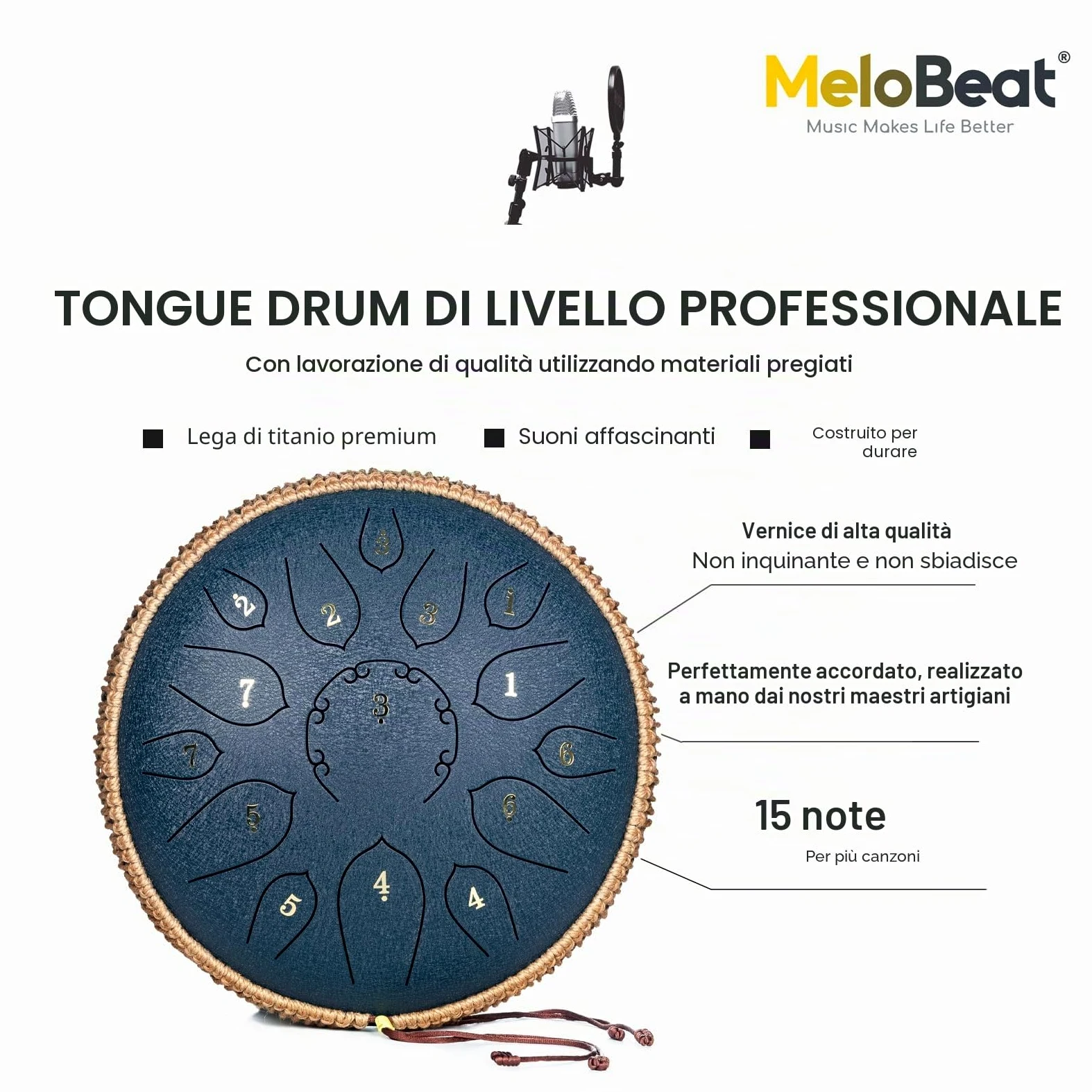 MeloBeat Steel Tongue Drum Handpan - Tamburo in Acciaio 12 Pollici 15 Note - Set Professionale di Tamburi a Lingua in D Maggiore Incluso Libro delle Canzoni per Tamburo con Custodia (Blu Scuro)