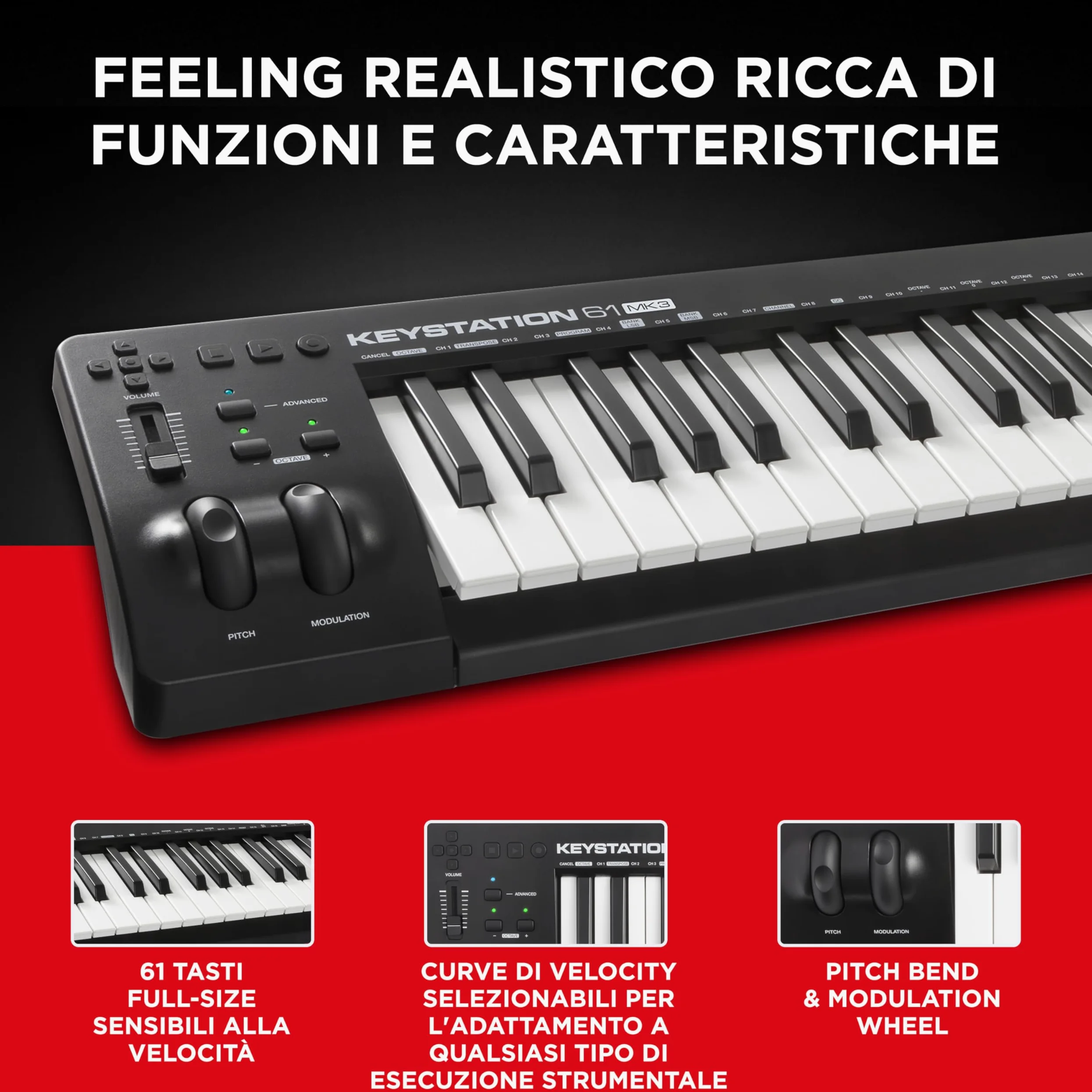 M-AUDIO Keystation 61 MK3 - Tastiera MIDI Controller USB a 61 Tasti, Controlli Assegnabili, Plug-and-Play (Mac/PC) + Pacchetto Software