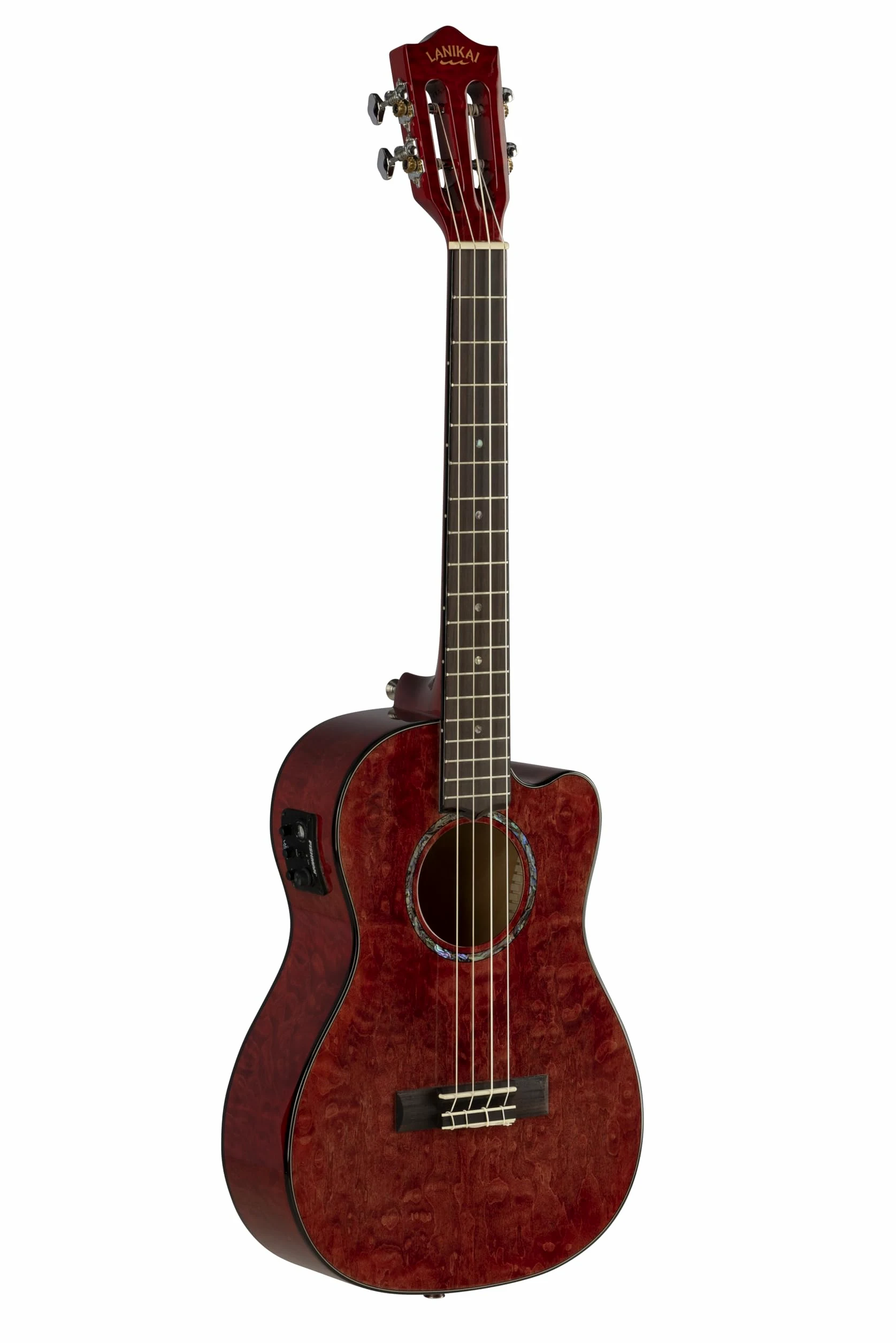 Lanikai QM-RDCEB - Ukulele baritono con custodia in schiuma trapuntata color acero rosso