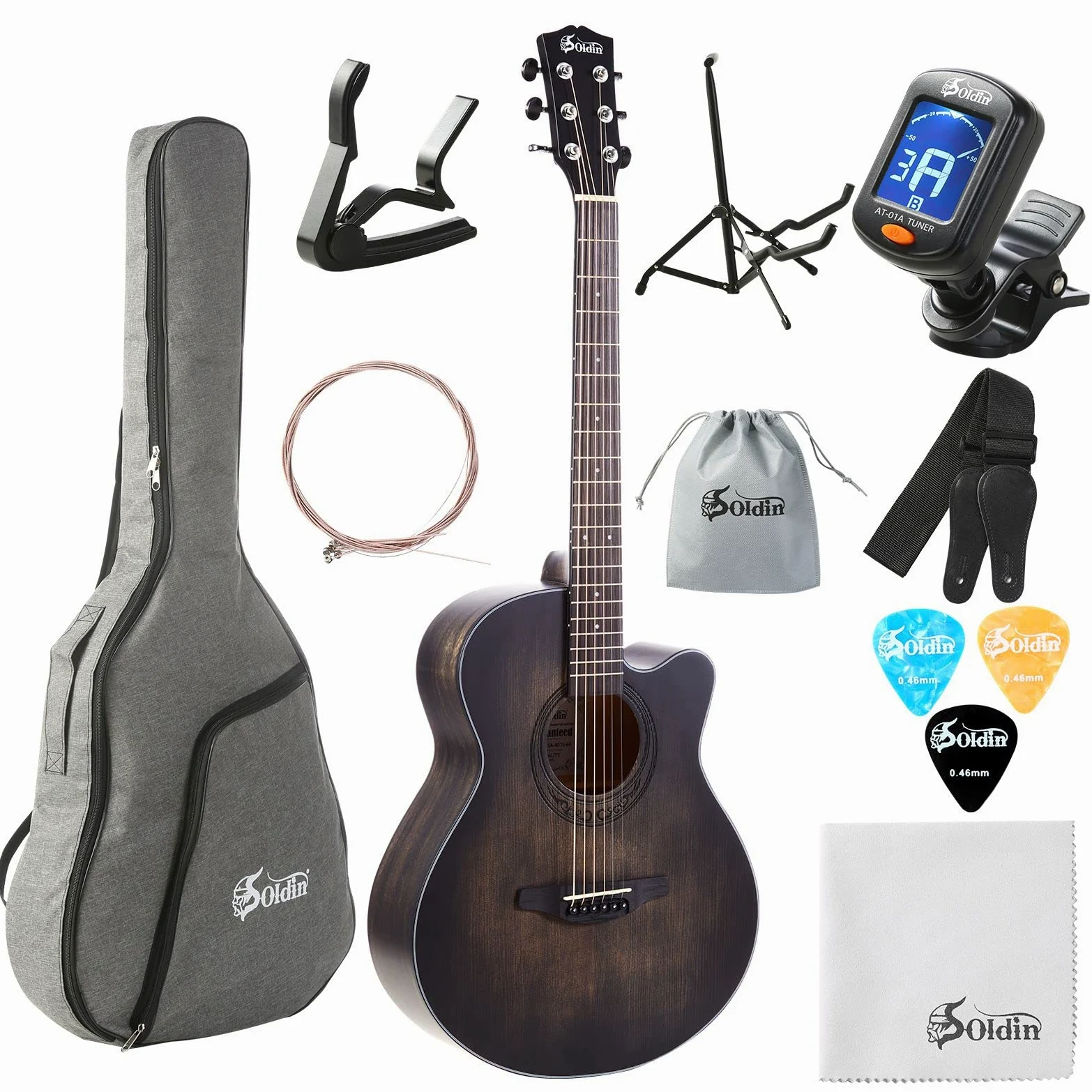 Chitarra acustica da 40 pollici in abete massello Top Cutway Bundle kit con custodia,supporto per chitarra,accordatore,cinturino,capo,corde,panno per la pulizia e plettri (nero silenzioso)