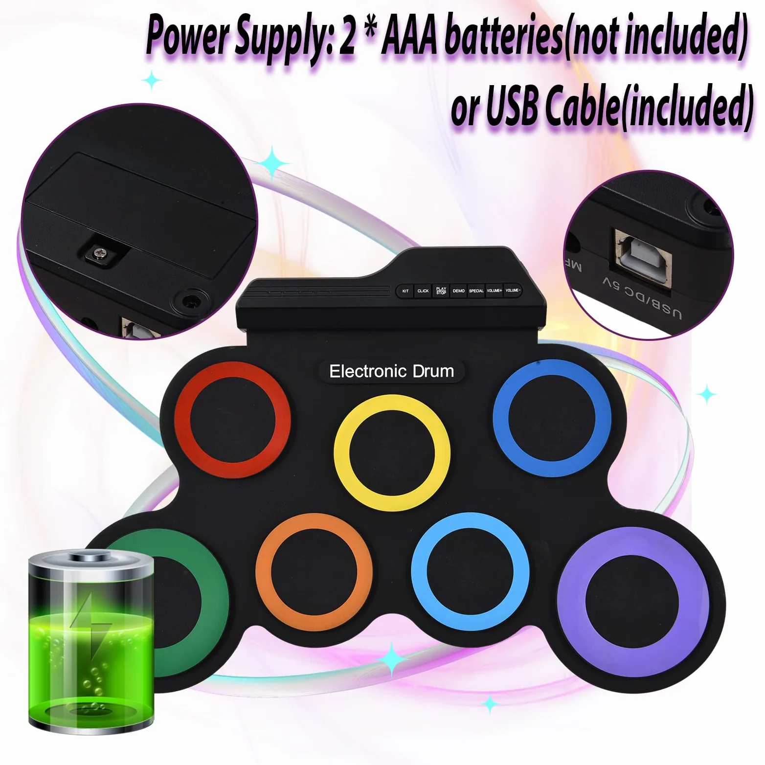 Kit batteria elettrica portatile con 7 pad con presa auricolare, pedali, bacchette, regalo di compleanno, strumenti musicali, kit batteria senza altoparlante