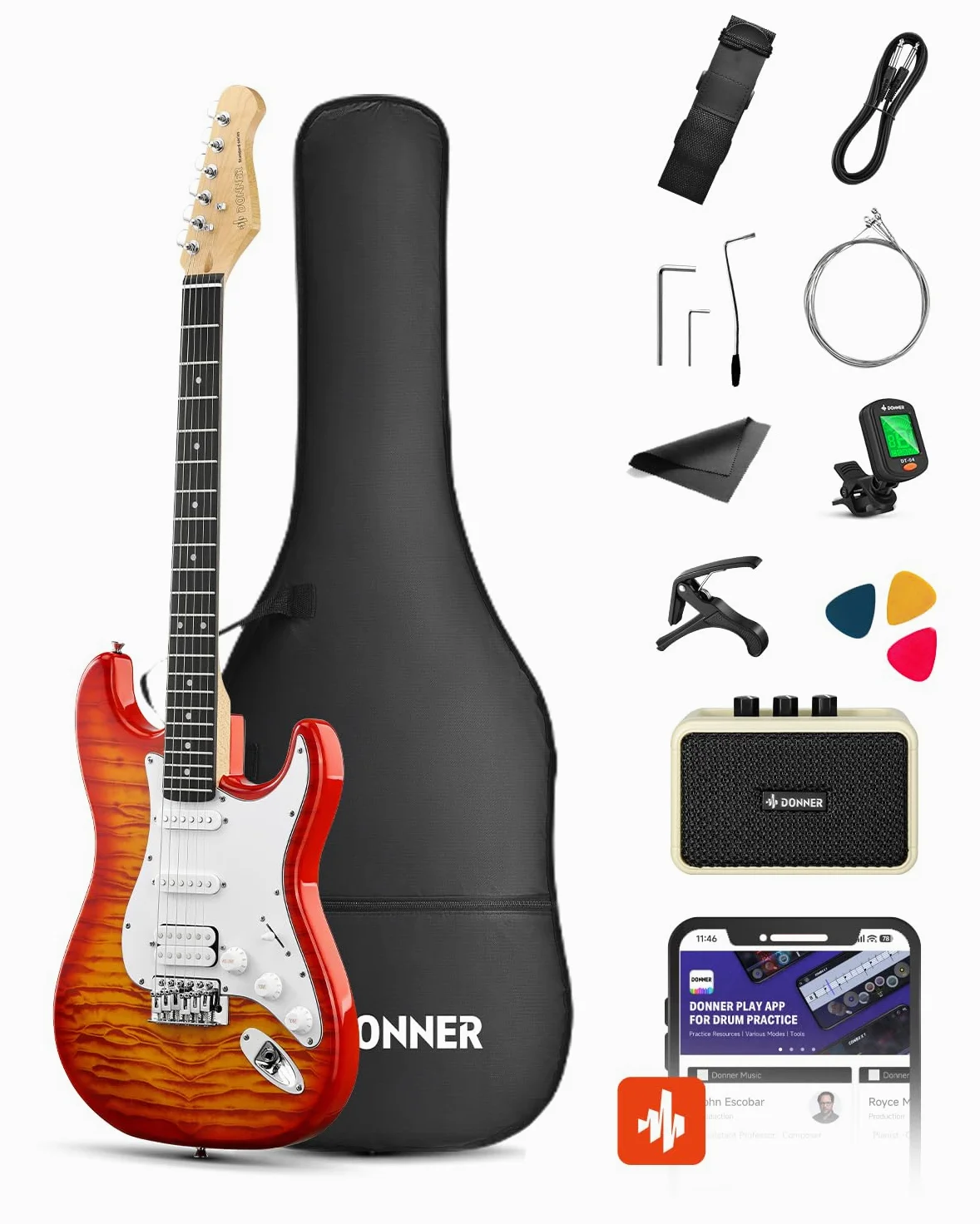 Donner DST-90 Chitarra Elettrica 39 Pollici, Kit Chitarra Elettrica per Principianti con Amplificatore, Pickup HSS, Custodia, Accordatore, Capotasto, Tracolla, Corde, Cavo e Plettri, Icetea Burst