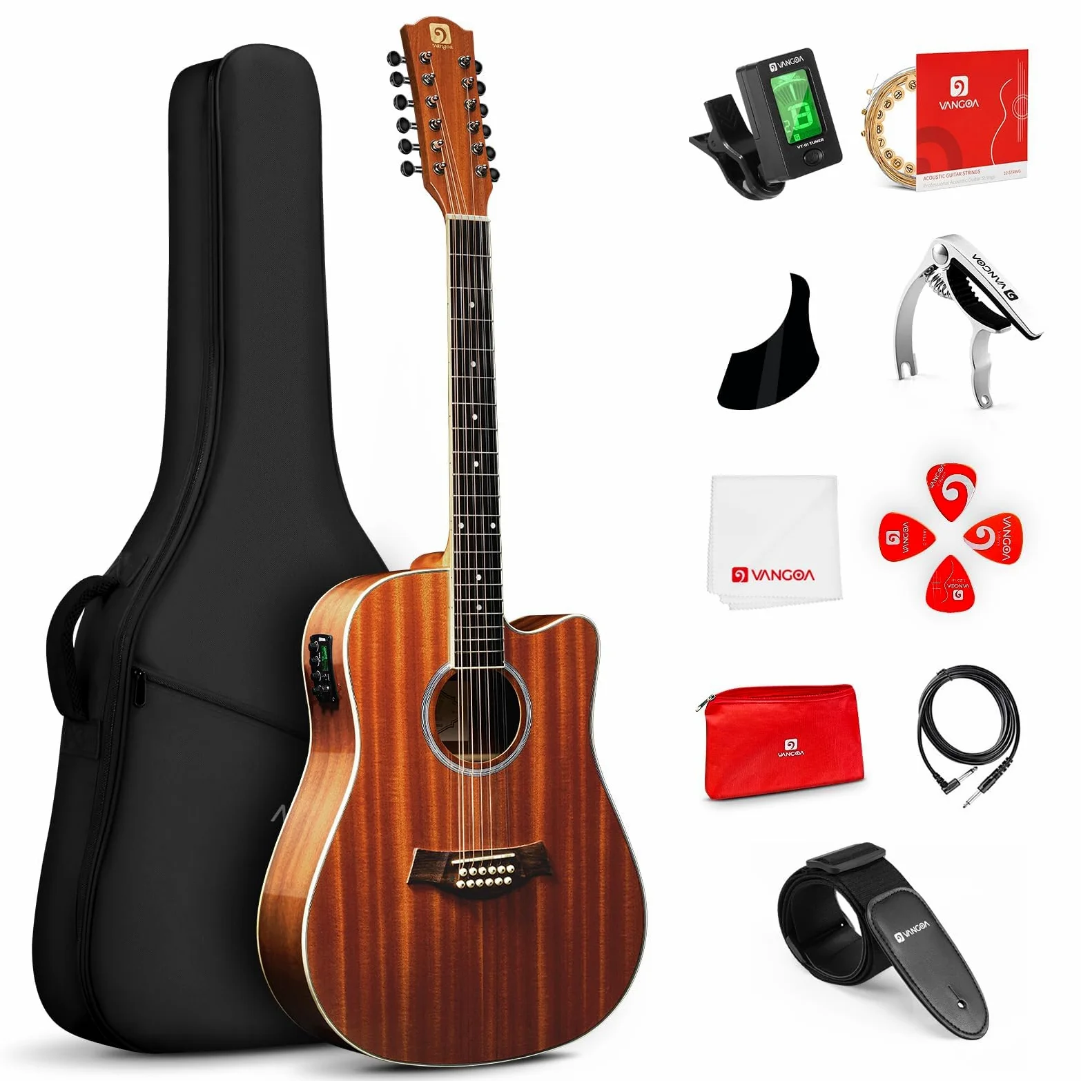 Vangoa Marrone Chitarra Acustica Elettrica a 12 Corde, Corpo in Sapele, Kit di Base Aggiornato
