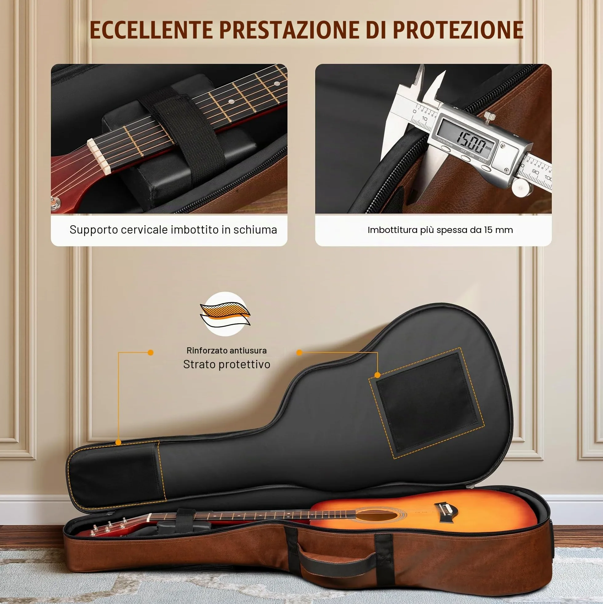 CAHAYA Custodia per Chitarra Acustica PU - Marrone Impermeabile con Imbottitura Traspirante 15 mm di Spessore - Doppia Cerniera