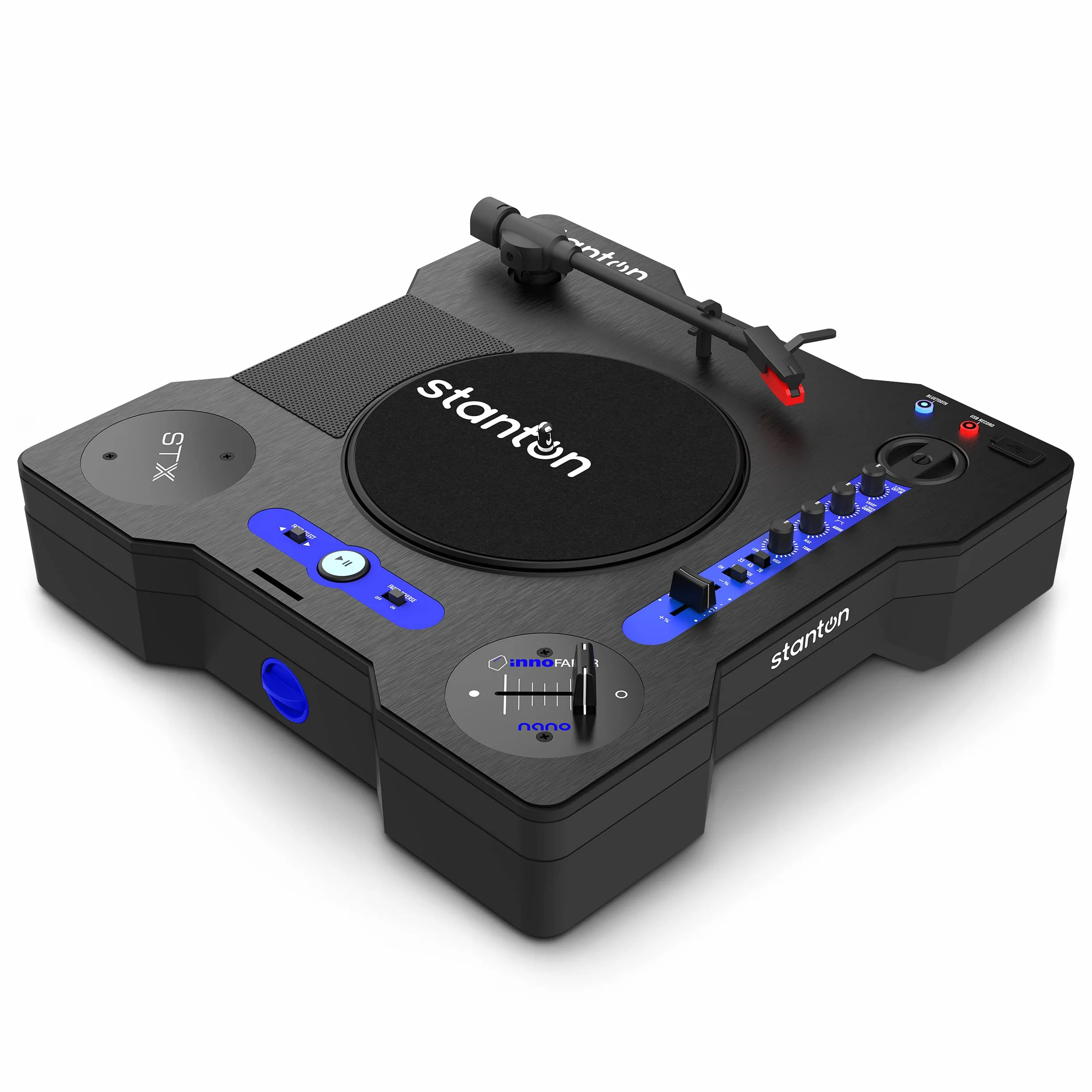 Stanton STX - Giradischi scratch per DJ con Innofader Nano crossfader, Bluetooth, cursore Pitch, registrazione USB, cassa, 2 batterie ricaricabili