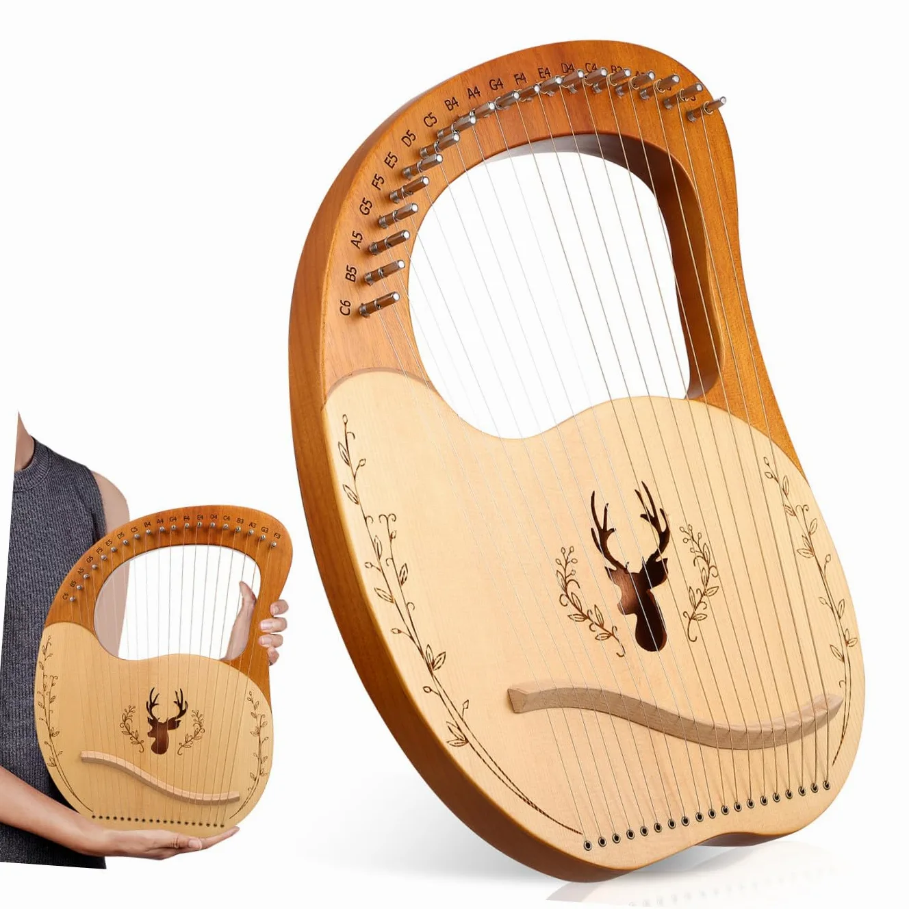 VICASKY Set di Lira Strumento Musicale con 19 Corde in Metallo, Accordatura Regolabile, Custodia in Poliestere e Chiave di Accordatura per Principianti, Legno con Bordi Arrotondati